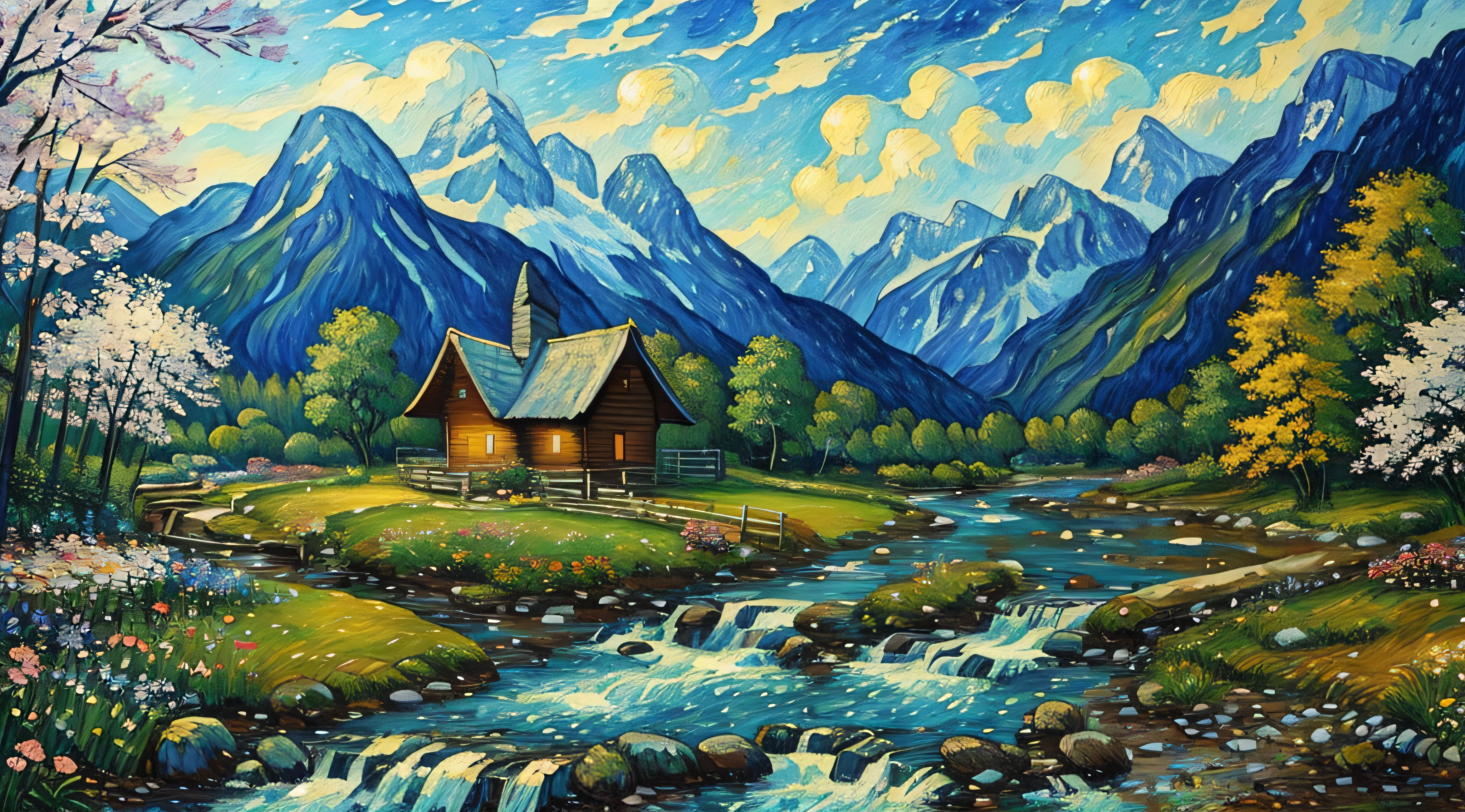 Painting of a cabin in a mountain stream with a waterfall, flowers are blooming beside the fence, , 4 k watercolor painting, beautiful painting, 4 k, cottage in the forest, beautiful oil painting on canvas, detailed brush stroke, beautiful digital painting, smooth oil painting, beautiful art uhd 4 k, 8 k hd detailed oil painting, oil digital painting, Beautiful Landscape Art On Canvas By Vincent van Gogh.