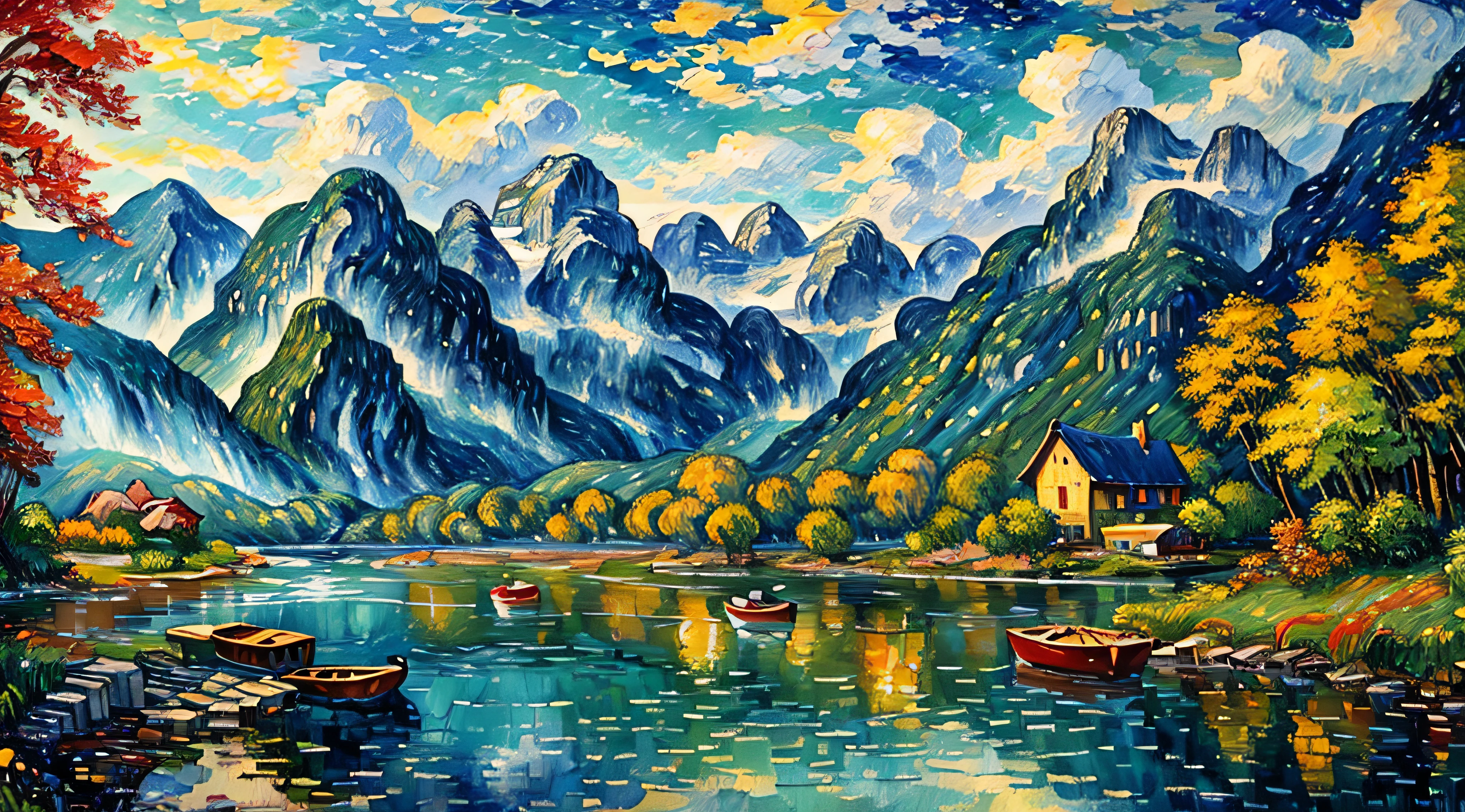 painting of fishing boat in river with a waterfall, Mountains background, 4 k watercolor painting, beautiful painting, 4 k, cottage in the forest, beautiful watercolor painting on paper, beautiful digital painting, smooth oil painting, beautiful art uhd 4 k, 8 k hd detailed oil painting, oil digital painting, Colorful Landscape Art On Canvas By Vincent van Gogh.