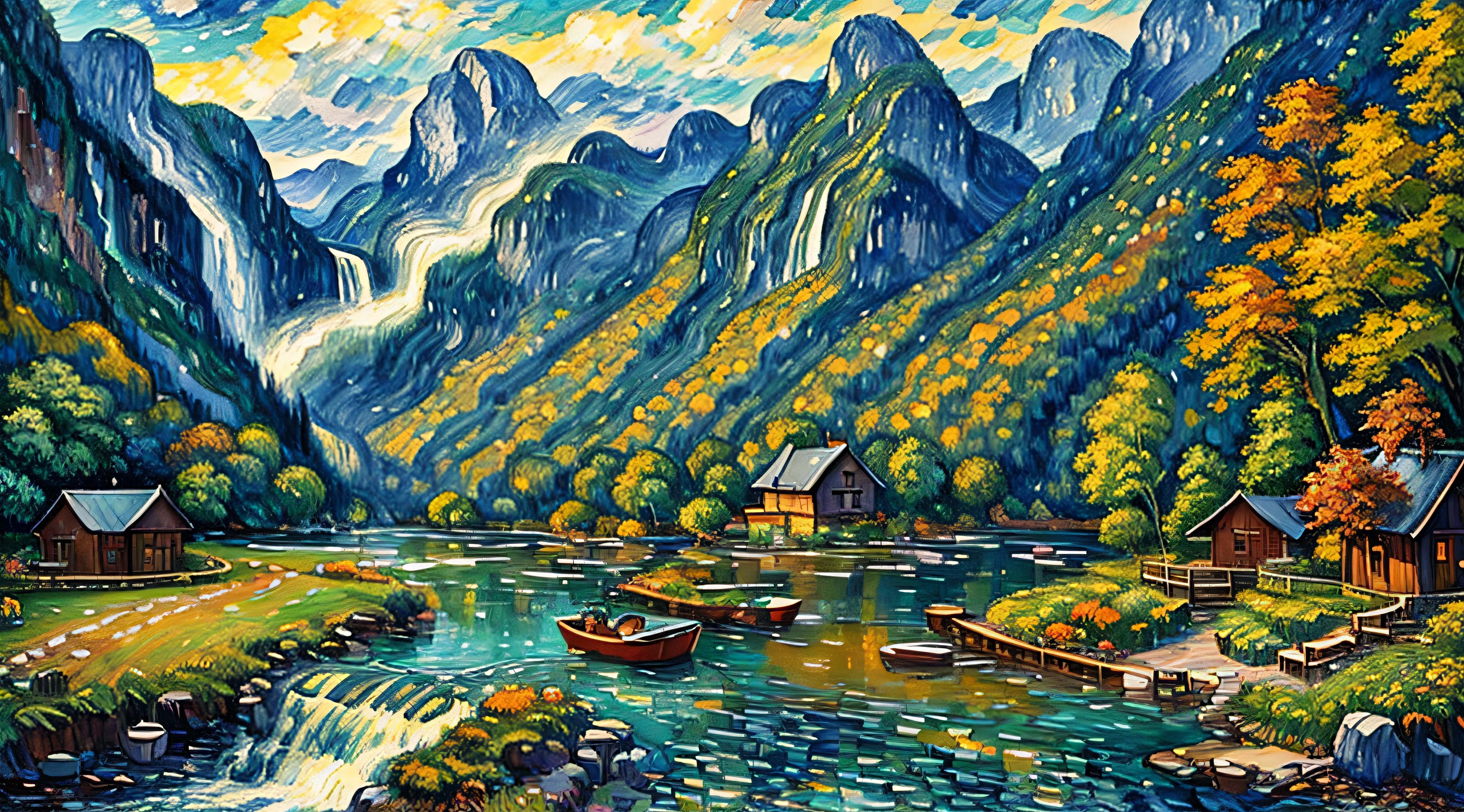 painting of fishing boat in river with a waterfall, Mountains background, 4 k watercolor painting, beautiful painting, 4 k, cottage in the forest, beautiful watercolor painting on paper, beautiful digital painting, smooth oil painting, beautiful art uhd 4 k, 8 k hd detailed oil painting, oil digital painting, Colorful Landscape Art On Canvas By Vincent van Gogh.