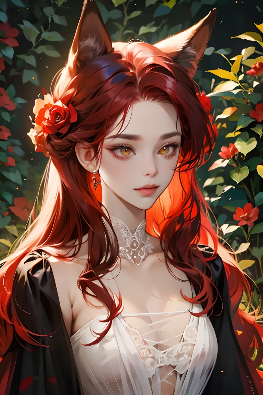 pelo teñido de rojo，Orejas de zorro rojo，Ojos dorados，en el jardín，vestido de novia negro，ramo de flores，florales