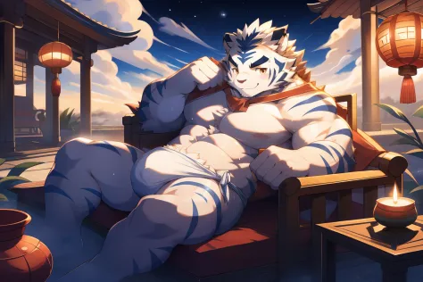 tmasterpiece，the night，Anthropomorphic white tiger，male people，26 year old，Thick eyebrows，Light blue fur，Strong body，large pecs，bare full body，white fundoshi，medium bulge，Recline on a lounge chair，Drinking tea，There are mooncakes next to it，open air，fog at...