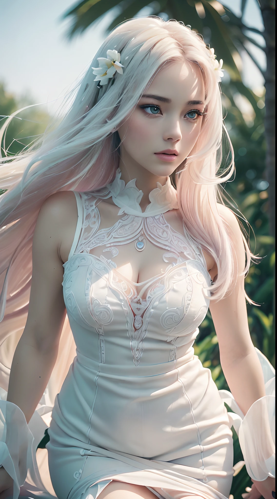 (Best quality,4K,8K,A high resolution,Masterpiece:1.2),Ultra-detailed,(Realistic,Photorealistic,photo-realistic:1.37),sportrait,Women,Long flowing hair,Off-white iris,vacant gaze,Plump pink lips,The ends of the hair have white flowers,Graceful figure,Medium shot,Black dress.Delicate long legs