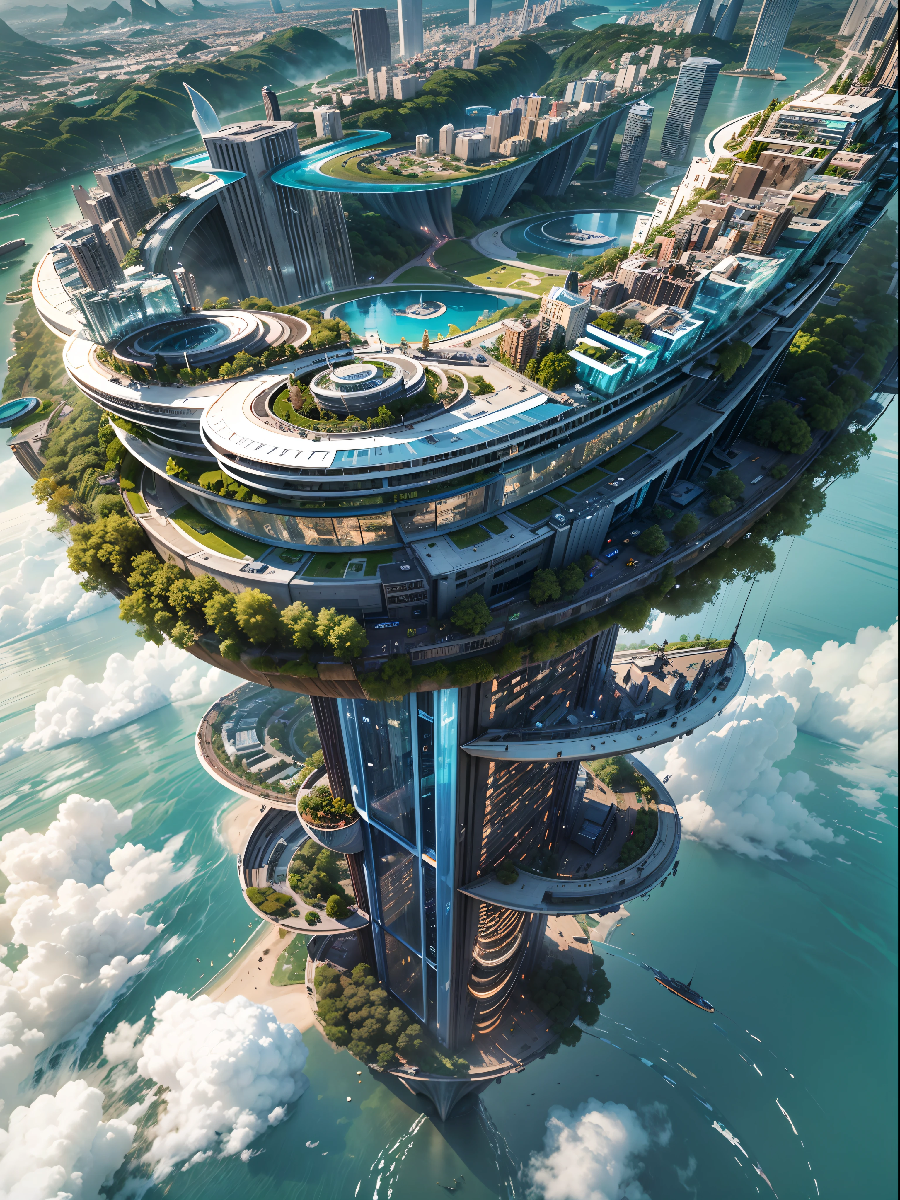 (best quality,4k,8k,highres,masterpiece:1.2),ultra-detailed,(realistic,photorealistic,photo-realistic:1.37),futuristic floating city,futuristic technology,city on a gigantic high-tech flat platform,airship,floating in the sky,futuristic city,small airship around,high-tech half-sphere platform,colorful lights,advanced architecture,modern buildings,skyscrapers,reaching the clouds,awe-inspiring view,urban landscape,impressive design,seamless integration with nature,dynamic and vibrant atmosphere,futuristic transport system,hovering vehicles,transparent pathways,lush greenery,hanging gardens,cascading waterfalls,magnificent skyline,reflection on the water,sparkling river,architectural innovation,futuristic skyscrapers,transparent domes,unusual shaped buildings,elevated walkways,impressive skyline,glowing lights,futuristic technology,minimalist design,scenic viewpoints,panoramic view,cloud-piercing towers,vibrant colors,epic sunrise,epic sunset,dazzling display of lights,magical ambiance,city of the future,urban utopia,luxurious lifestyle,innovative energy sources,sustainable development,smart city technology,advanced infrastructure,tranquil atmosphere,harmonious coexistence of nature and technology,awe-inspiring cityscape,unprecedented urban planning,seamless connection between buildings and nature,high-tech metropolis,cutting-edge engineering marvels,future of urban living,visionary architectural concepts,energy-efficient buildings,harmony with the environment,city floating above the clouds,utopian dreams turned reality,limitless possibilities,advanced transportation network,green energy integration,innovative materials,impressive holographic displays,advanced communication systems,breathtaking aerial views,peaceful and serene surroundings,modernist aesthetics,ethereal beauty