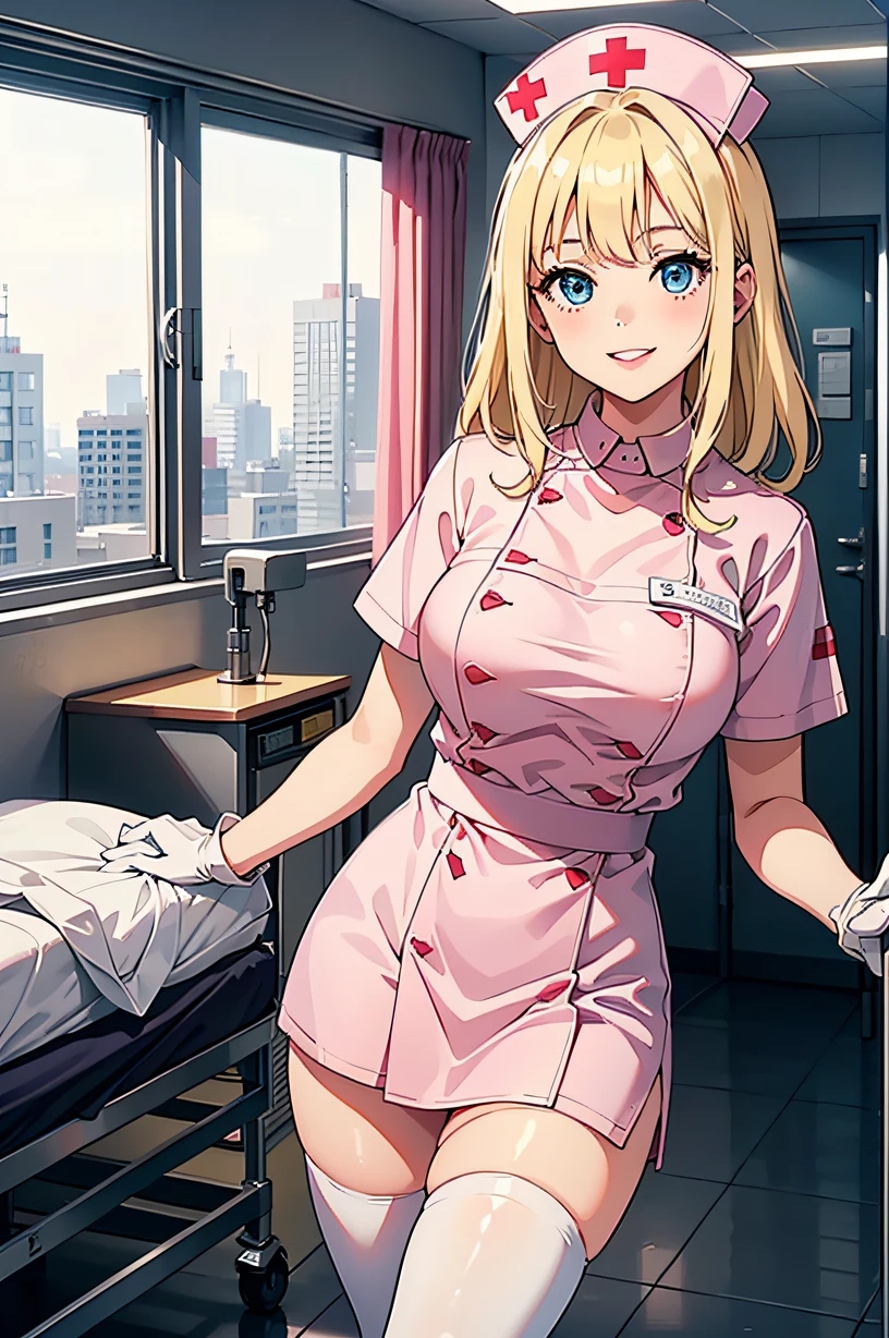 1girl, nurse, nurse cap, white wear, ((white legwear, zettai ryouiki)), white gloves, blonde hair, blue eyes, pink lips, smile, standing, ((hospital room)), sharp outline, short sleeves, best quality, masterpiece