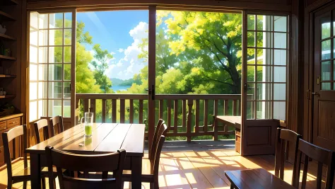 A glass of green liquid, a wooden table, sunlight