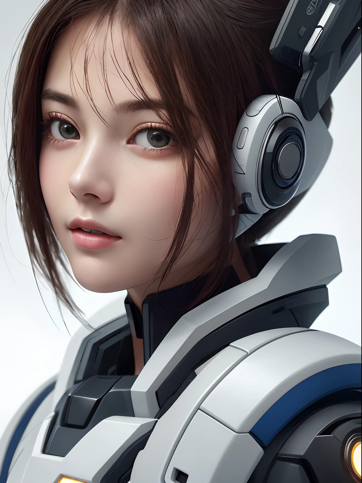 ​masterpiece、top-quality、realisitic、ultra-detailliert、SFW、head shot、facial close-up、Portrait of a young woman、starsector、Sci-fi style mechanical suit、High-tech gadgets、Head turned to the front、