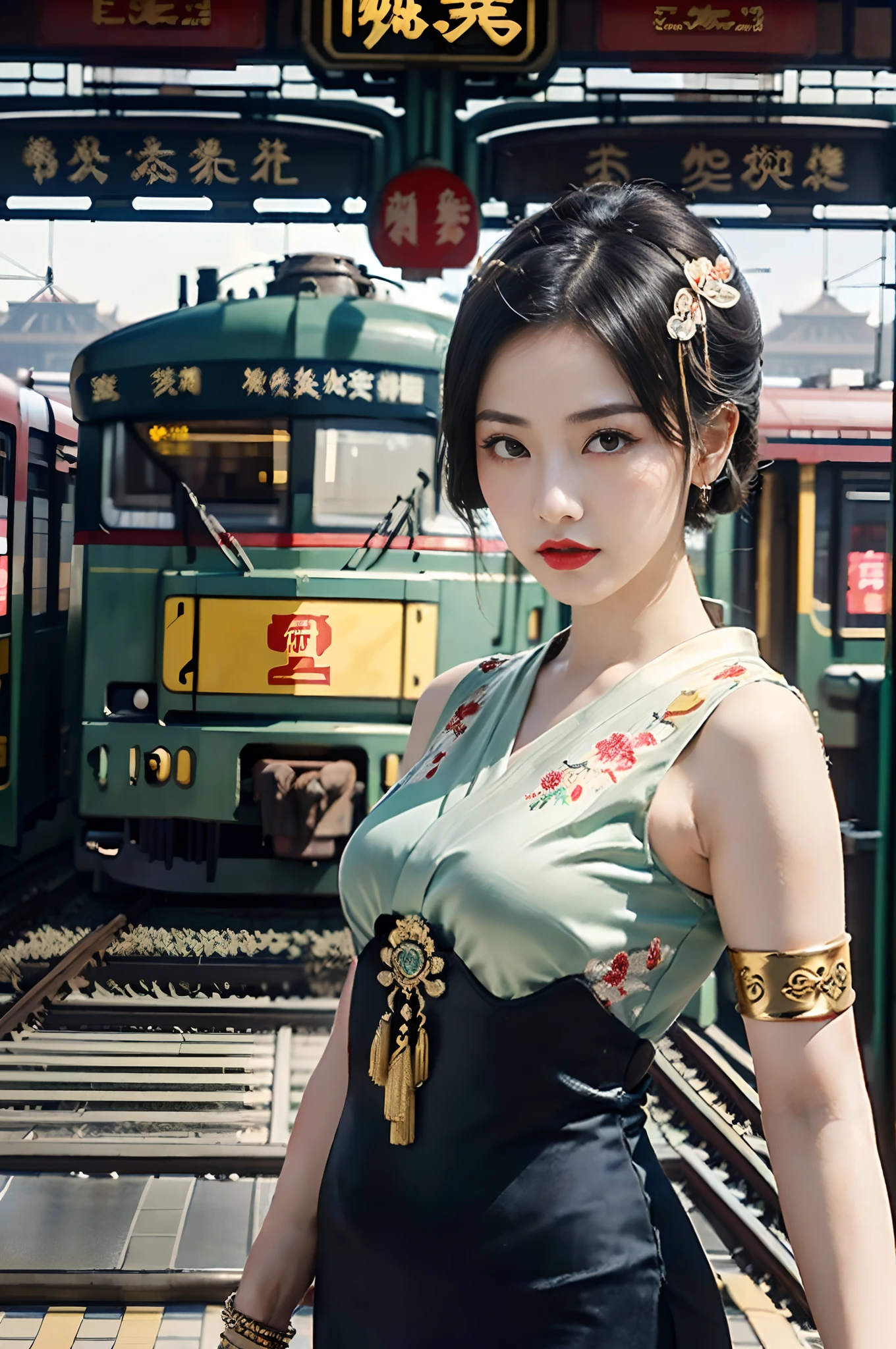 A movie poster，An old-fashioned steam train approached the tracks in the fog,masterpiece,Perfect drawing,Two beautiful girls, Lovers, lesbians,(in the railway station 1920's Shanghai,retro train background:1.6),(Geisha hairstyle,Geisha hairstick:1.6,Geisha hair ornament,armlets, bangle:1.3)