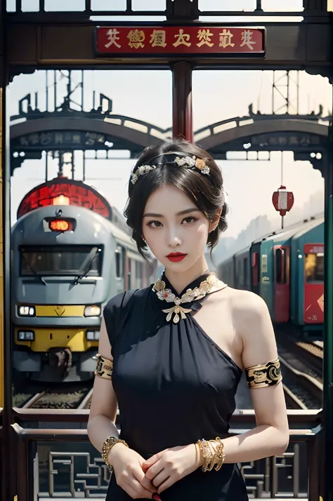 A movie poster，An old-fashioned steam train approached the tracks in the fog,masterpiece,Perfect drawing,Two beautiful girls, Lo...