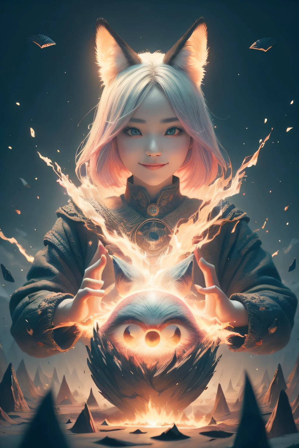 1girl,Solo, Happy smiling official art, Unity 8k wallpaper, Ultra detailed, Beautiful and aesthetic, Beautiful, Masterpiece, Best quality, Kitsune witch, kitsune mask, Pink and white haori jacket, Foxfire spell, The fox is familiar, Transformation,Depth of field,