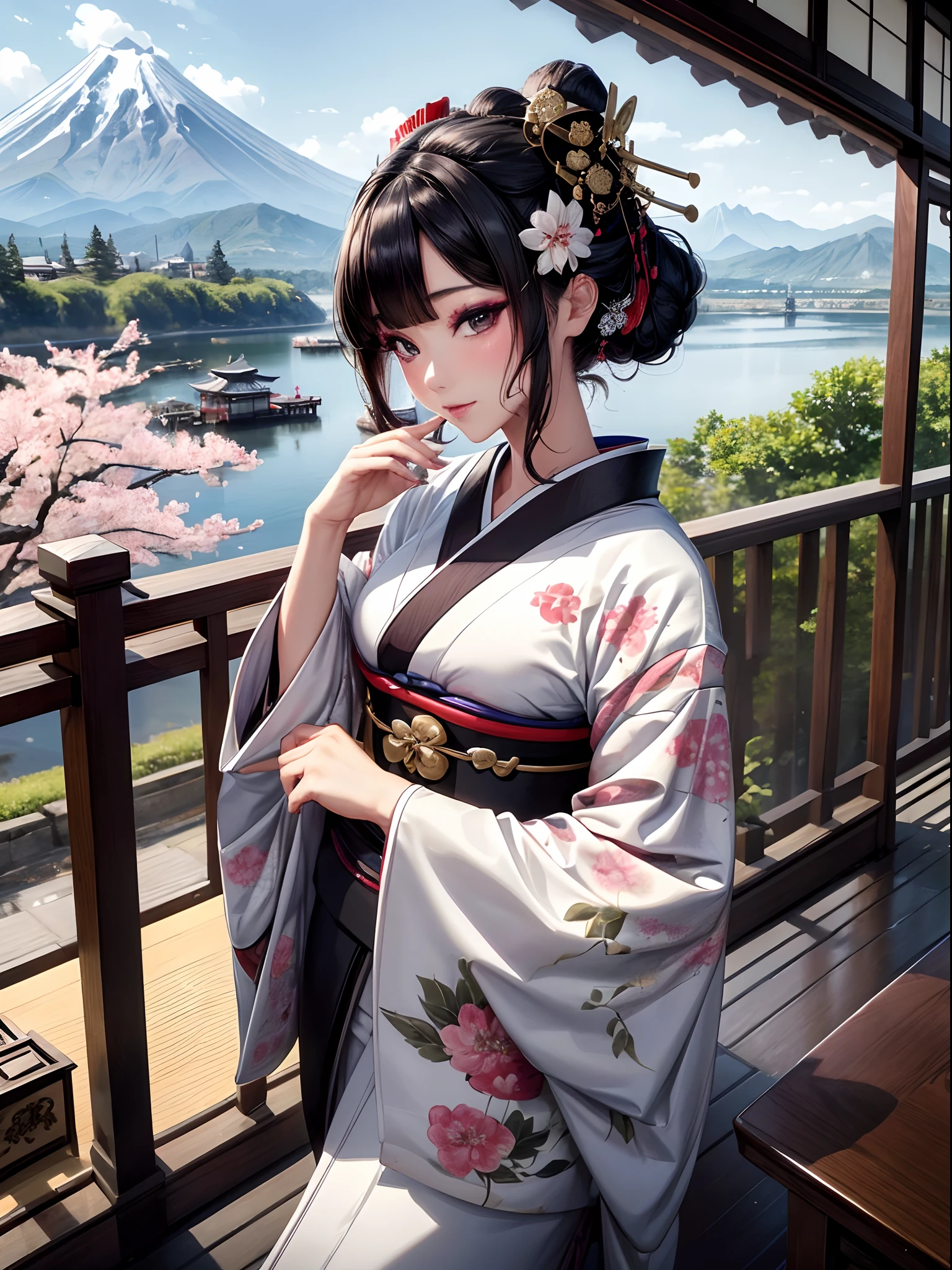 absurderes,(​masterpiece、top-quality、8K ),intricate detailes,ultra-detailliert、1 Beautiful Japan Woman、(geisha,geisha hairstyle、Luxury kimono:1.4),Dress perfectly、luxury hair ornament,A dark-haired、(I can see the mountains. Fuji:1.3),cherry blossom in full bloom、(Thin makeup:1.3),A slight smil、de pele branca、(Sushi:1.2),Hyper realistic,Perfect Anatomy