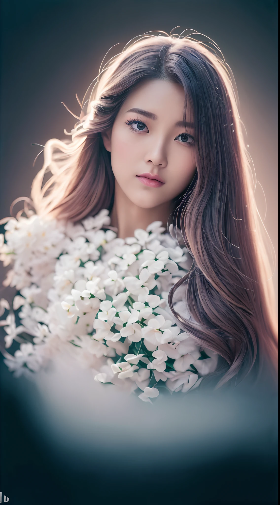 (Best quality, 4K, 8K, A high resolution, Masterpiece:1.2), Ultra-detailed, (Realistic, Photorealistic, photo-realistic:1.37), Portrait, Beautiful flowing long hair, Gray iris，vacant gaze, Plump pink lips, The ends of the hair are dotted with white flowers, Slender figure, Panoramic view, black formal, Detailed legs