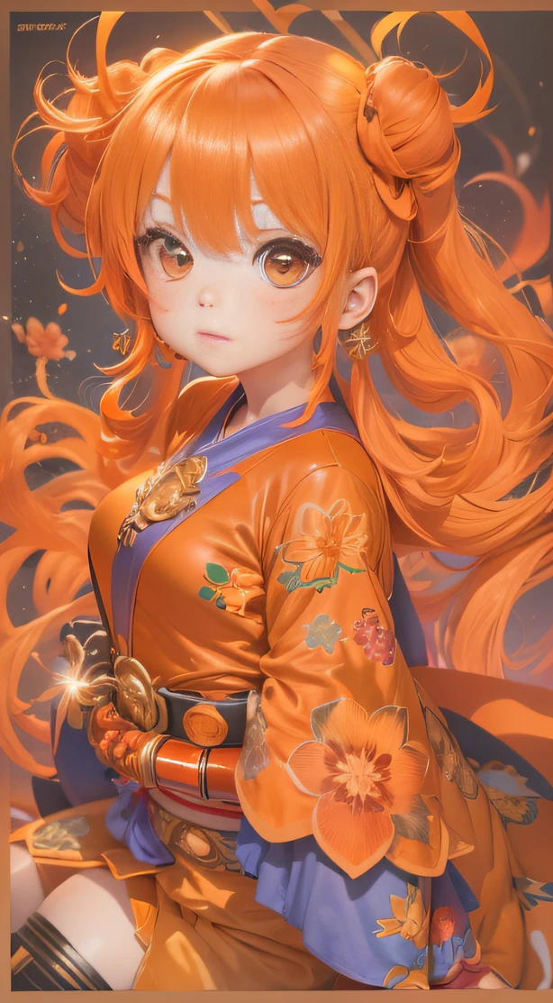 (Une fille aux cheveux orange vif)(Meilleure qualité, Une haute résolution, Couleurs vives, (Déesse du manga), (Bande dessinée))Modèle de marteau forgé，Gros ventre，Oguchi，calme，massivité，Brillant et chaud