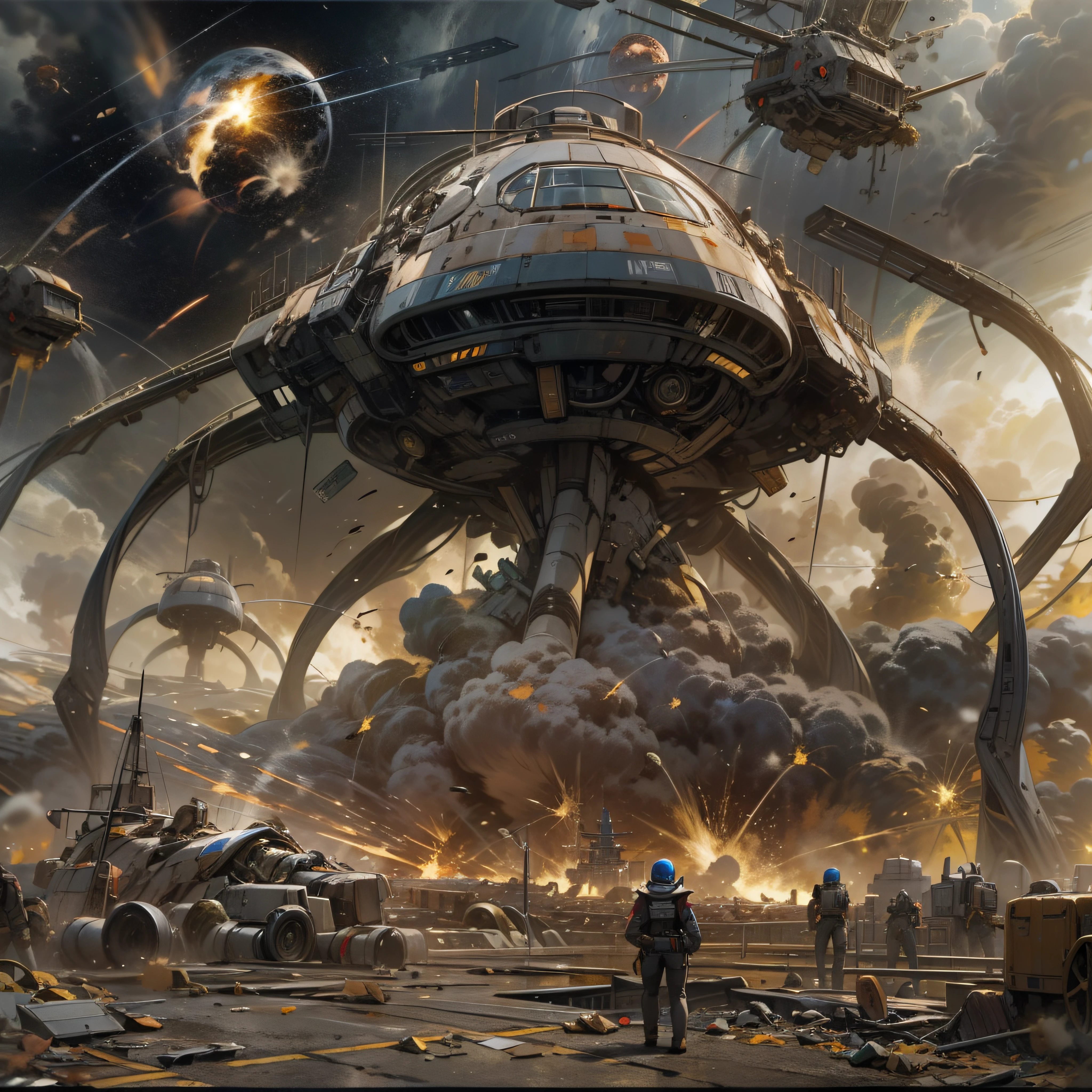 War of the Worlds，Countless fighters，Cockpit perspective，planetes，in fighting，close battle，Crisis，Nervousness，explosions，tragedy，droid，Masterpiece，high-detail，perfect-composition，the golden ratio，8K