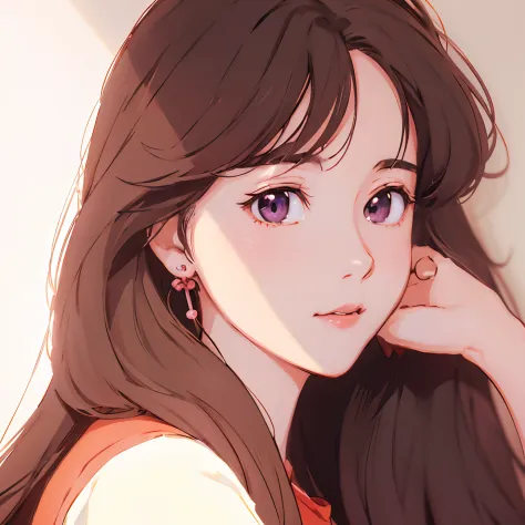 Anime girl with long hair and earrings sitting on chair, lofi portrait, Digital anime illustration, Realistic anime 3 D style, S...