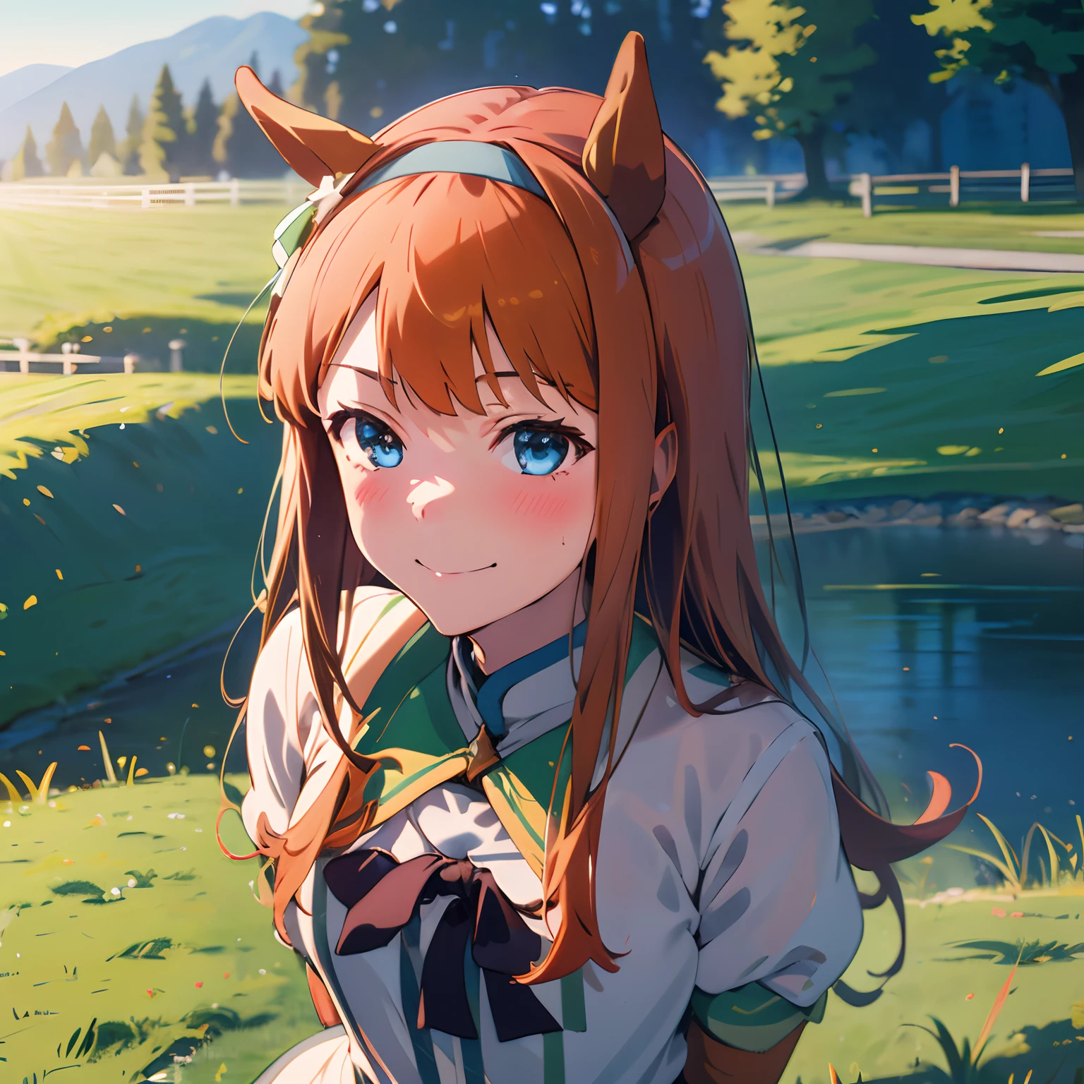 masterpiece, 8k wallpaper, best quality, 1girl, SilenceSizuka, smile, blush, looking at the viewer, grass, closed mouth,  silence_suzuka_\(umamusume\),