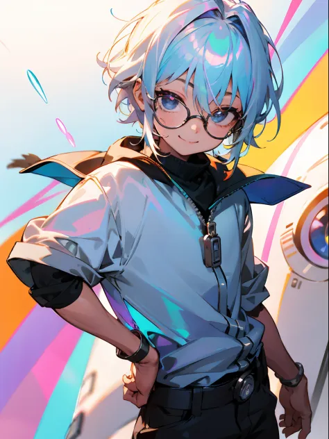 male child, eye glasses,cowboy shots,a smile, silber hair，daytime，iridescent background，