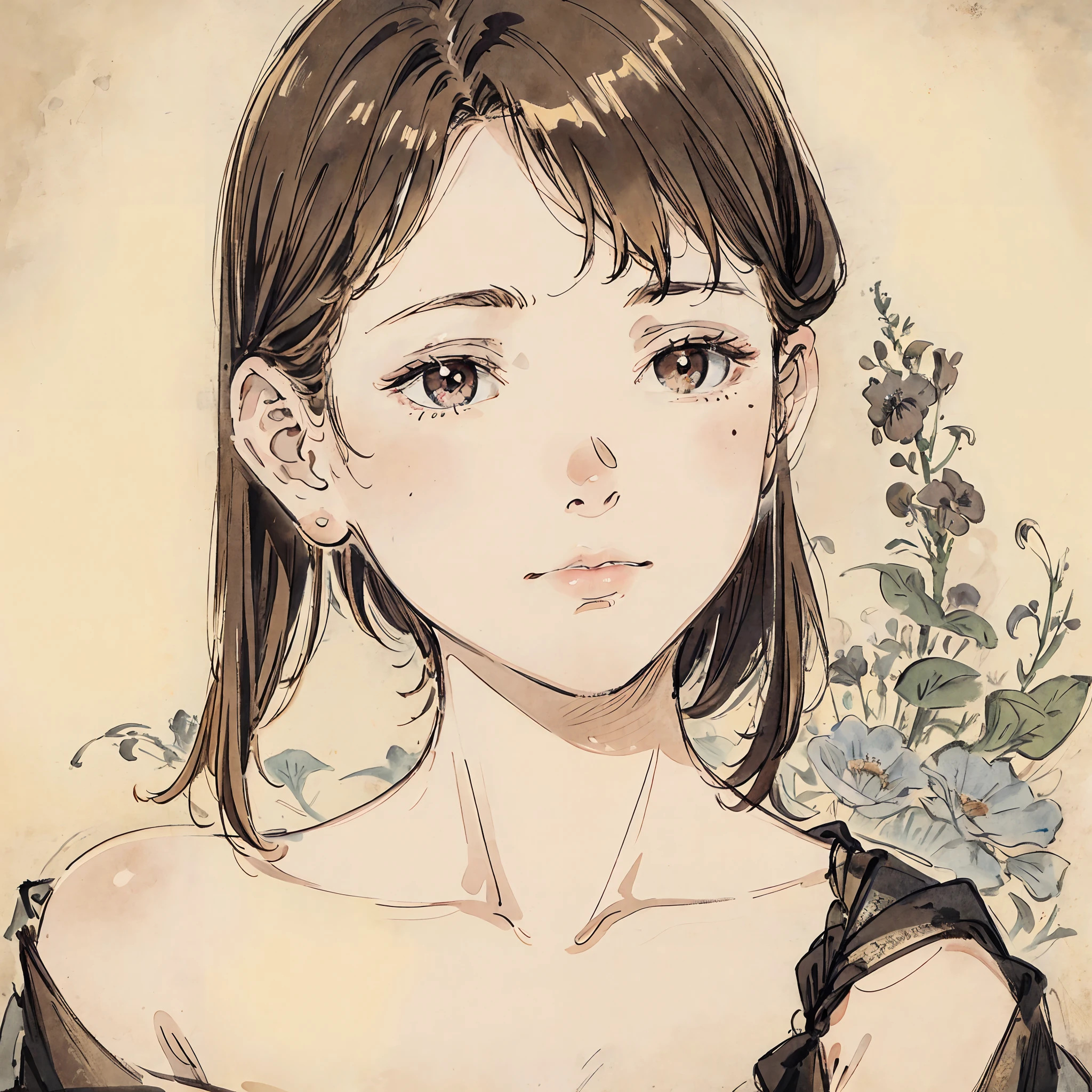 Delicate face, short brown hair, honey-colored eyes, Filled with moles. The current appearance is tired, Portrait of a woman, 年轻