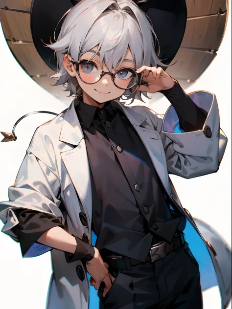 male child, eye glasses,cowboy shots,a smile, silber hair