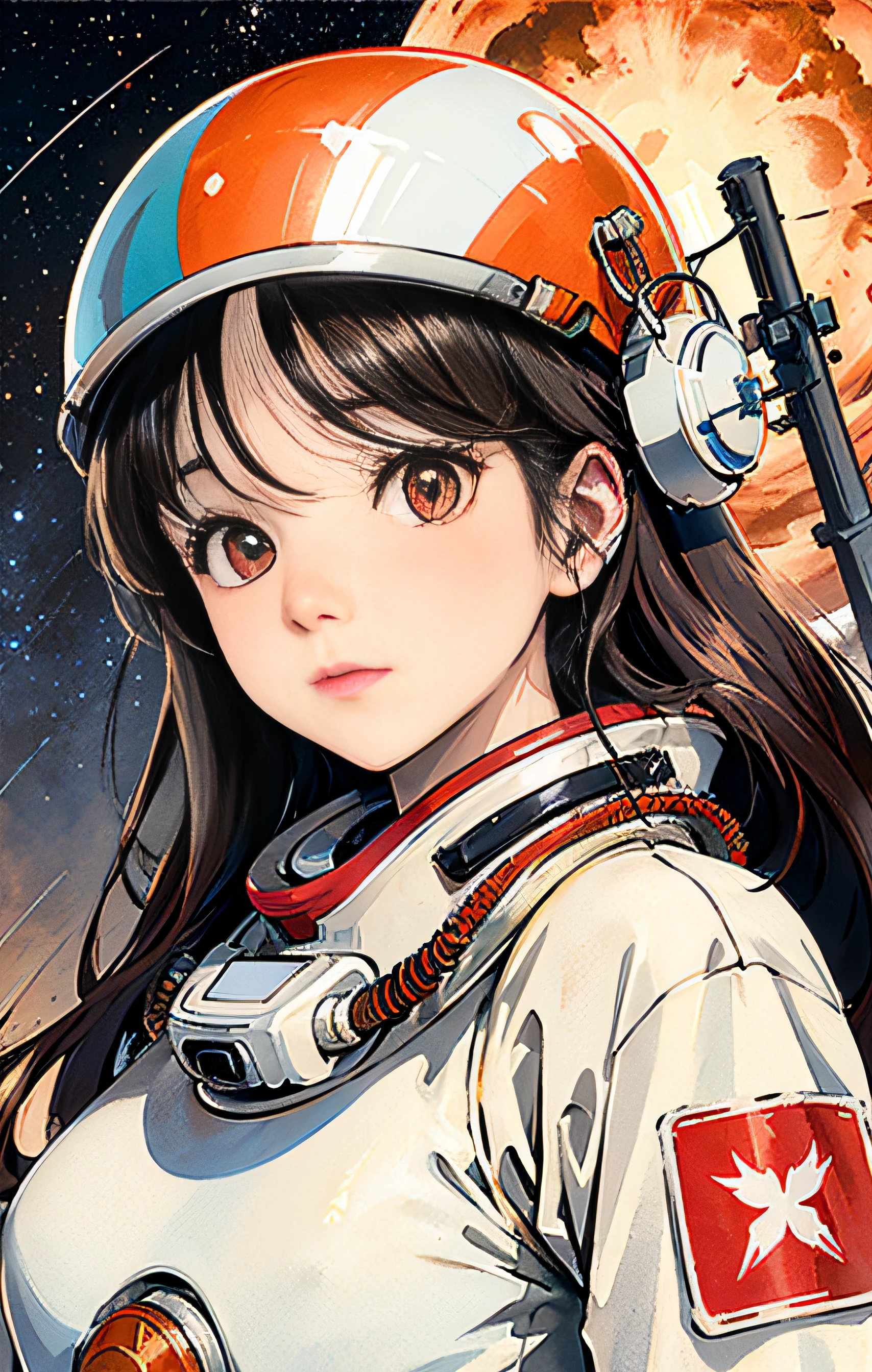 1girl,flat_breasts,cute,beautiful detailed eyes,shiny hair,visible through hair,hairs between eyes, CCCPposter, sovietposter,red monochrome,soviet poster, soviet,communism,
Black_hair,red_eyes,vampire,teenage,poorbreast,Spacesuit:Orange_clothing_body:jumpsuit),white_gloves, white_space shoes, white_helmet, the CCCP red letters on the top of helmet, weightlessness, Side light, reflection, The person in the spacesuit is at the bottom left of the frame, The right hand is outstretched, the right hand gently touches the Salyut space station), Space station in the upper right corner of the screen, Reflected light from the sun, Silver metal,red flag, brilliance,USSR style, diffuse reflection, Metallic texture, The vista is a blue Earth,mecha style,the sea of star,high tone, magnificent