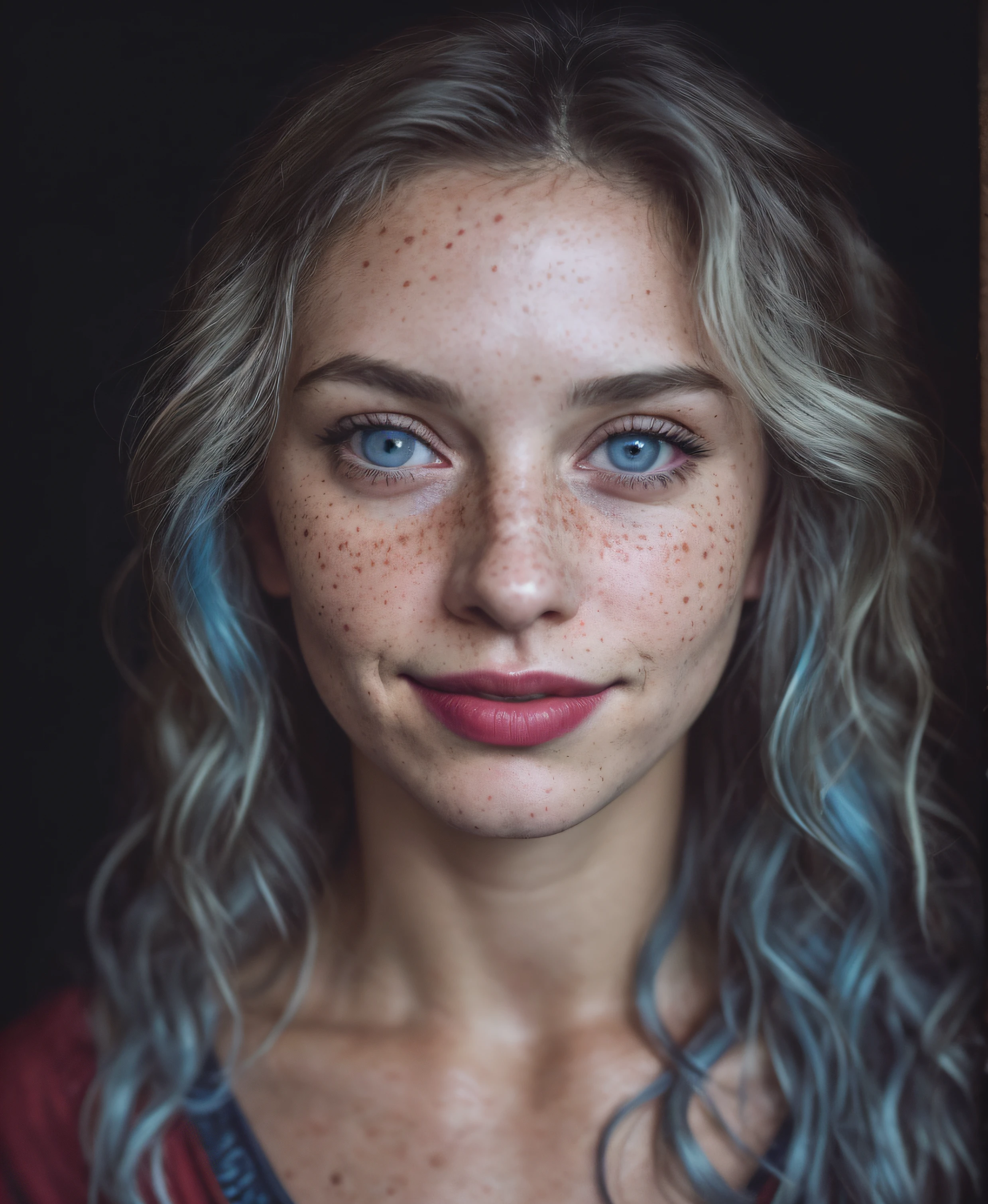 (close-up, editorial photograph of a 30 year old woman), (highly detailed face:1.4) (smile:0.7) (background inside dark, moody, private study:1.3) POV, by lee jeffries, nikon d850, film stock photograph ,4 kodak portra 400 ,camera f1.6 lens ,rich colors, hyper realistic ,lifelike texture, dramatic lighting , cinestill 800, wavy hair, messy hair, short hair, mischievous smile, blue hair, freckles, white skin, blue eyes, bodybuilder, thelema, scarlet woman, greek goddess, goddess of night, goddess of magic, astral plane, witchcraft, babalon, Lilith, Pombagira, red full moon, blue jacket