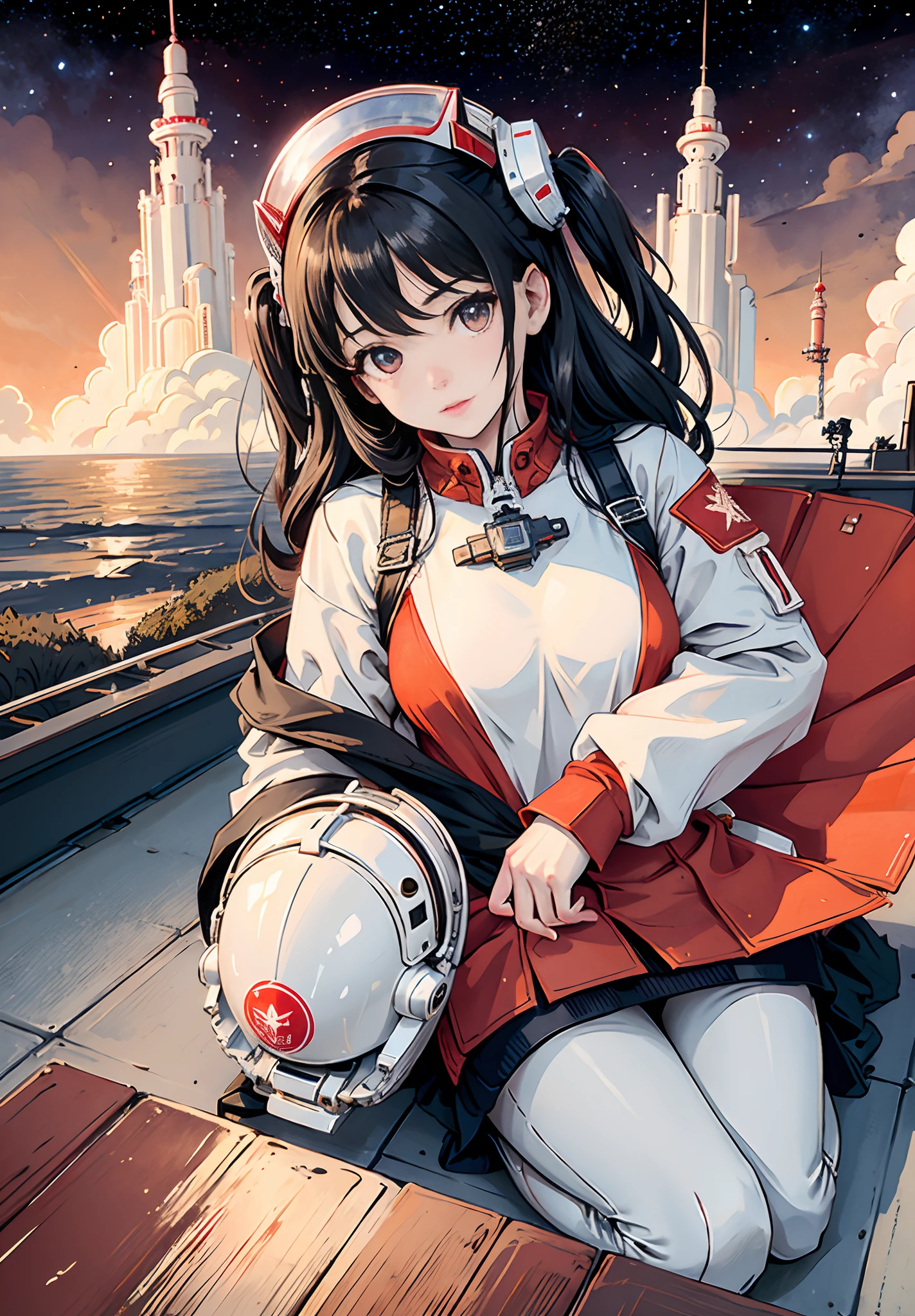 1Girl,Cute,Beautiful detailed eyes,shiny hair,You can see it through the hair.,Hair between eyes, CCCPposter, sovietposter,Red monochrome,USSR Poster, soviet,communism,
black_heads,red_eyes,Vampire,teenage,Middle breast,space suit:orange_Clothing_Body:jumpsuit),white_glove, white_space shoes, white_helmet, CCCP red letter on the top of the helmet, zero gravity, sidelit, reflection, A person in a spacesuit is located in the lower left corner of the frame, The right hand is outstretched, The right hand gently touches the Salyut space station), Space station in the upper right corner of the screen, Light reflected from the sun, Silver metal,red flag, brilliance,Soviet style, diffuse reflection, Metallic texture, The vista is the blue earth,in mecha style,Sea of Stars,Treble, majestueux