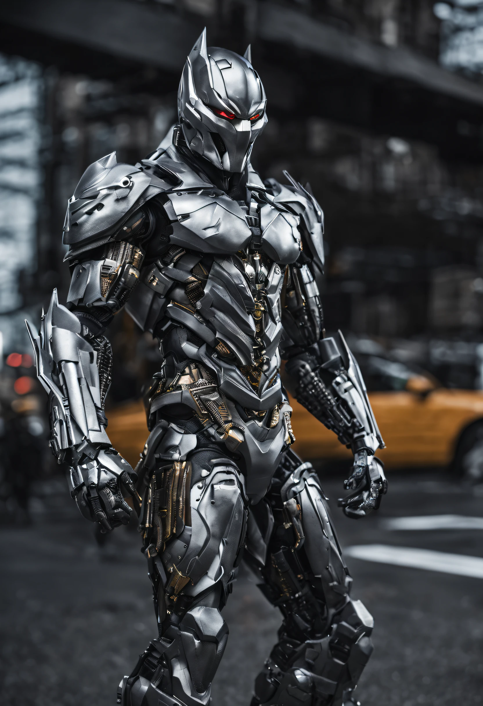 New York, predator, full body photo, gray skin with scales, Cyber, armor details in technological silver, Robotic armor, Batman, Authentic background