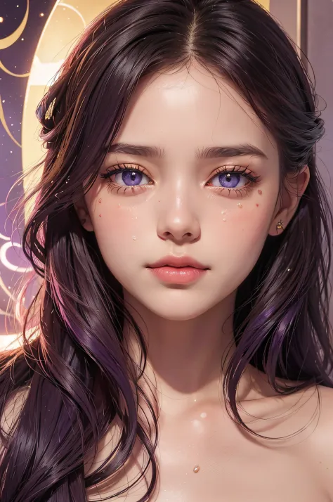 Print to mix colors. perfect symmetry. Scene of beautiful woman with intense eyes crying tears and golden lips Purple rose in the middle located next to the face of ADLT 18.. blush, reflection, Stepped. Illustration, Cinematic lighting. view from the ceili...