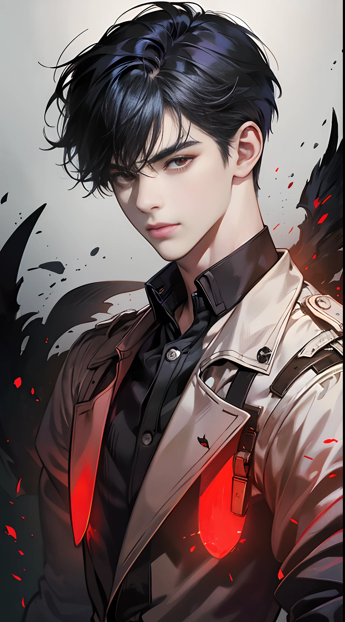 (Best Quality,4K,High resolution),male people，twinks，Man with a feminine face，Young Face，Blue mesh hair on black hair，disheveled boyish hair，Clear eyes，Red Eyeilitary jacket，Cargo pants，Combat boots，Realistic illustrations delicately expressed in detail，animesque，comic strip，Multiple flying crows，facing the front there，Red glowing eyes，Facial expression enhancement，Delicate illustrations expressed in detail，cross belt，Realistic portrayal，Vibrant colors，Ruins，Classic dark background