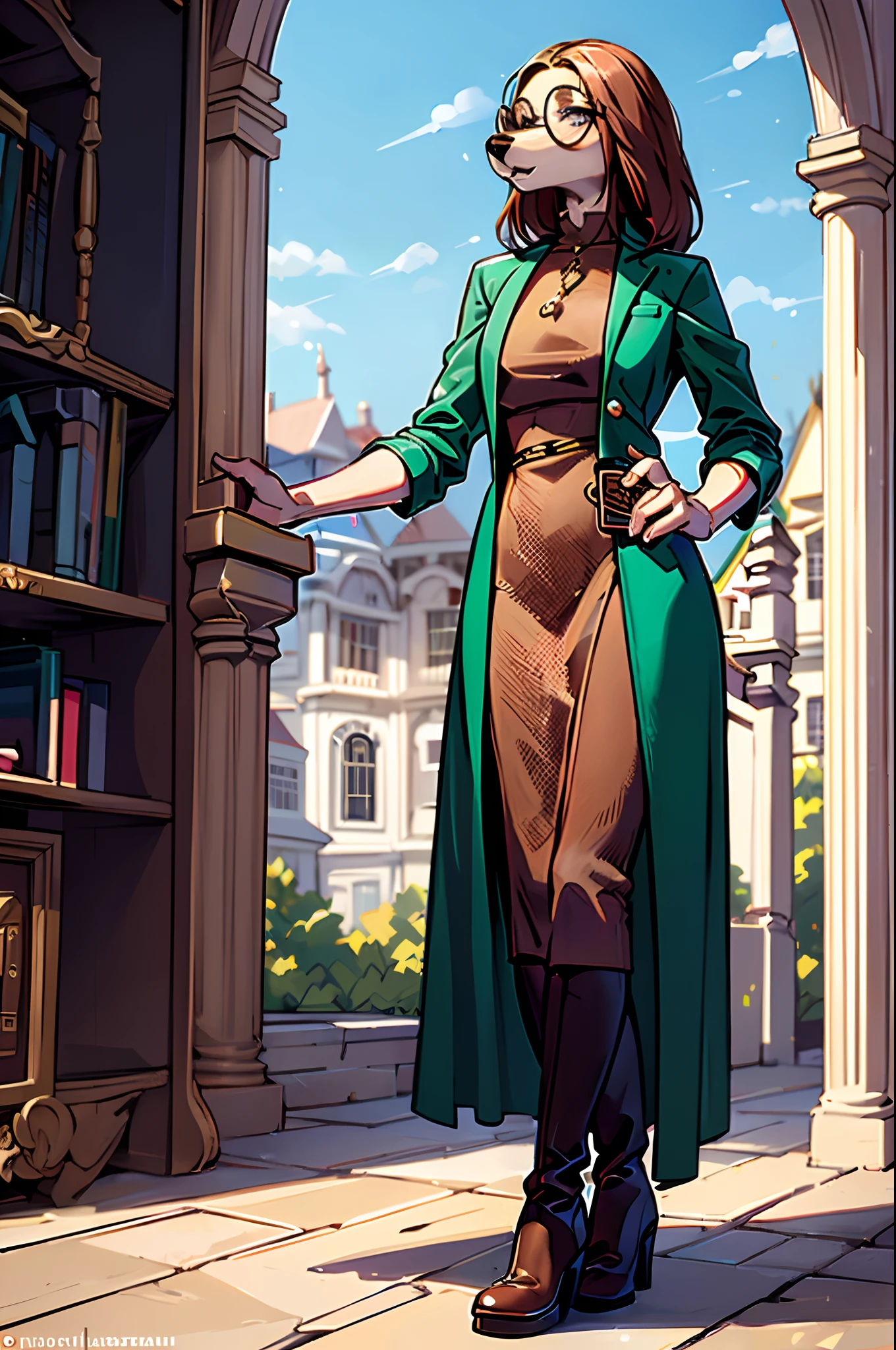 Best quality, masterpiece, ultra high resolution,((full body)), sukilane,glasses,turtleneck dress,cropped jacket,boots, high heeled boots,clipboard, ,by pixelsketcher, ((skinny,slim,tall,tight clothes)),anthro dog,woman-medieval-clothes, long dress