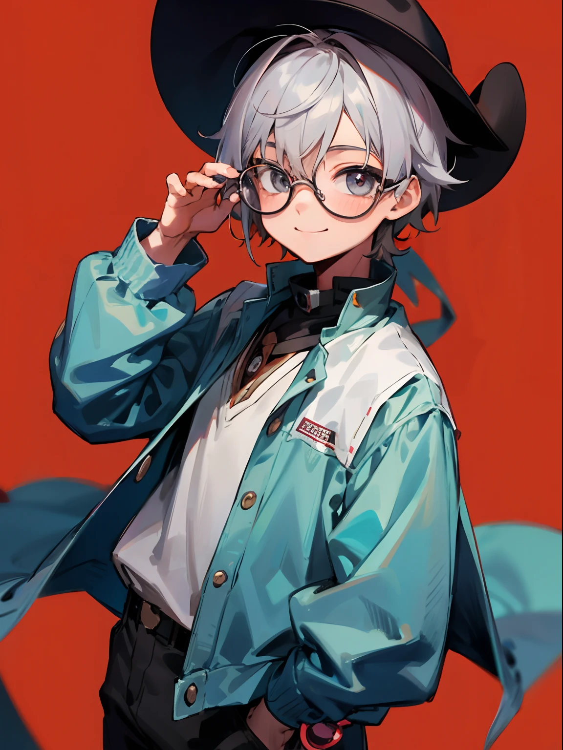 Male child, eye glasses,Cowboy Shots,A smile, silber hair