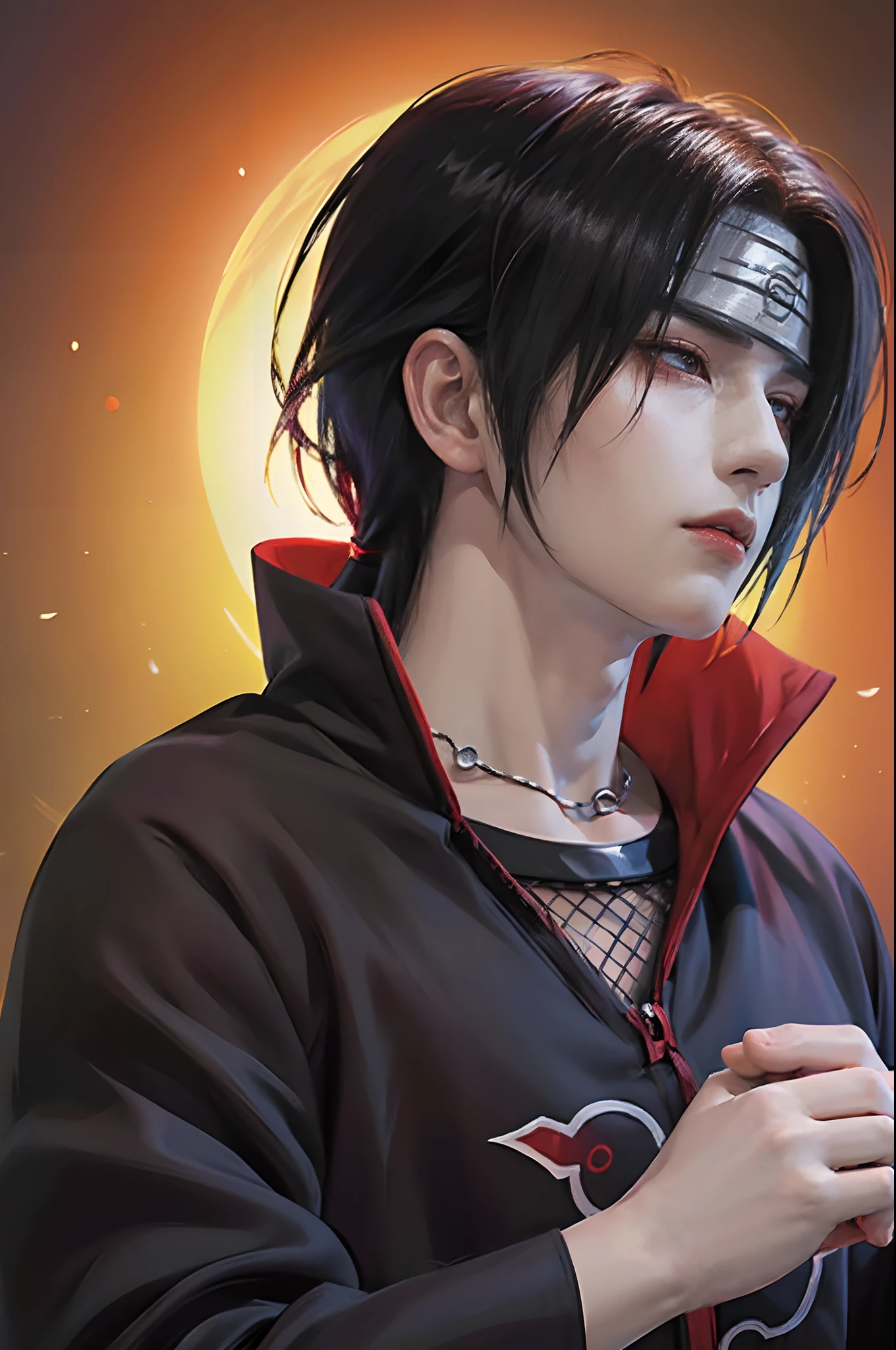 ((4K works))、​masterpiece、（top-quality)、((high-level image quality))、((One Manly Boy))、Slim body、((Date Cosplay))、((Uchiha Itachi))、((Cosplay))、Face similar to Chaewon in Ruseraphim、(Detailed beautiful eyes)、((Smaller face))、((Neutral face))、((18year old))、((Handsome man))、((photo of a model))、((Like a celebrity))、Professional Photos、((cosplay foto))、((Shot alone))、((shot from a side angle))、((Naruto's Akatsuki Costume))