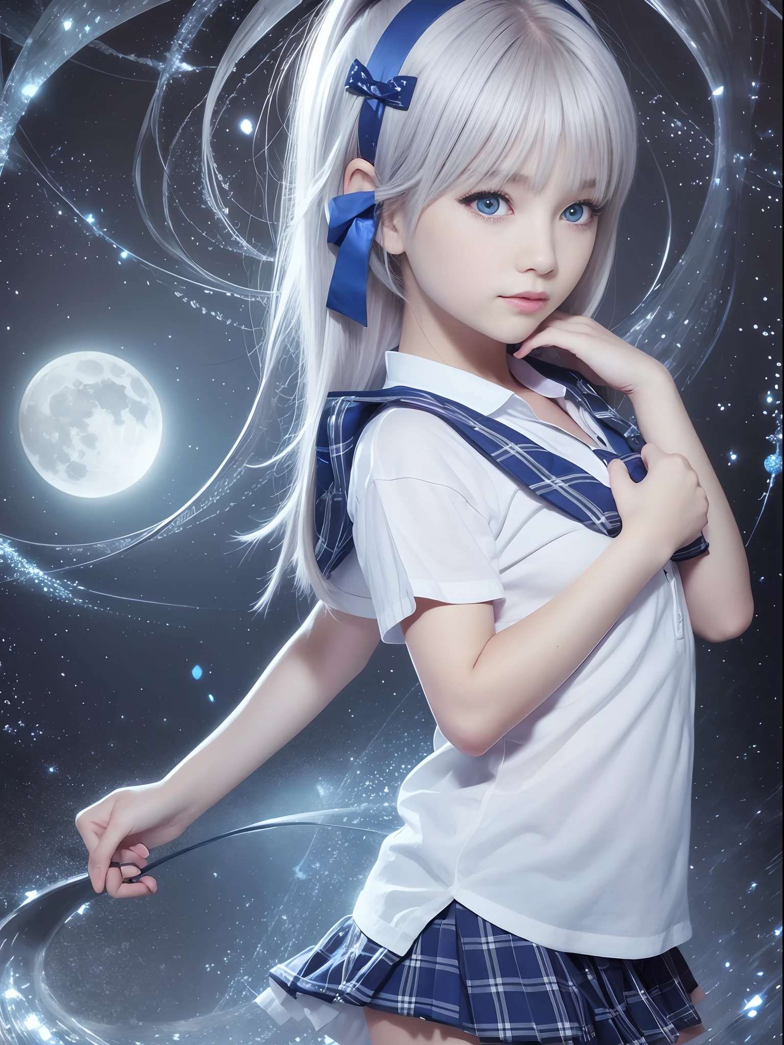 beautiful schoolgirl, send the bright moon, fractal art, silver short hair, blue eyes