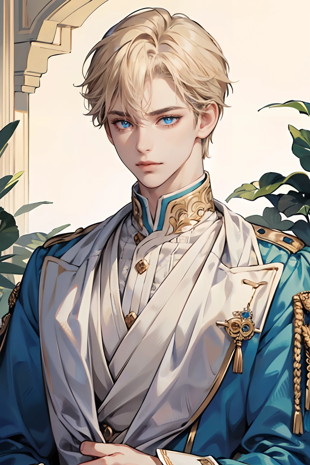 (tmasterpiece, high resolution, ultra - detailed:1.0), (1boy, adult male), Perfect male body,Eyes look at the camera, (prince:1.3), Delicate eyes and delicate face, Extremely detailed CG, Unity 8k wallpaper, Complicated details, solo person, Detailed face, (White royal costume, with short golden hair, Blue eyes, Sad expression),palace, color difference, Depth of field, dramatic shadow, Ray tracing, Best quality, Portrait