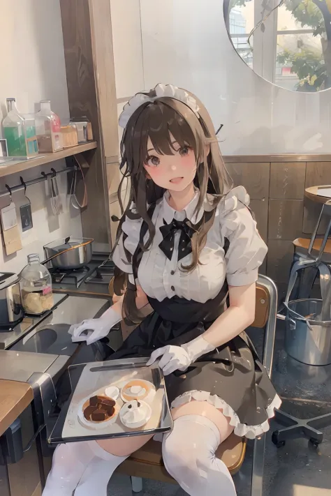 Alafi in maid clothes sitting on a chair, gorgeous maid, japanese maid cafe, anime girls in maid costumes, maid clothes, maid dr...