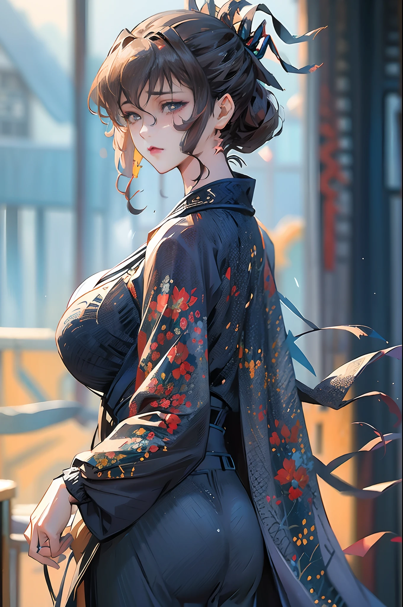 Kitagawa Udo room style, anime visual of a young woman,Focus on the face Delicate and beautiful face High ponytail,城市,Outdoors,Stand up,long leges,Mature woman,Big breasts wife,Married Woman,Mature woman,office  lady,(Masterpiece), (Best quality), (Ultra detailed),(Disheveled hair),huge tit,Stiletto heels,Slender and tall,Exquisite details,The feet are delicate