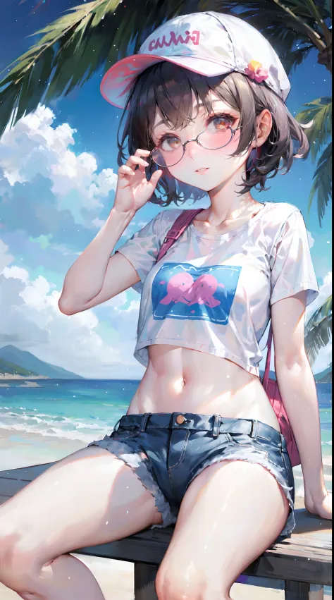 masterpiece, best quality, 1girl, beach, sitting on a beach towel, short hair, glasses, t-shirt, shorts, cap, blush, summer, soda can, bag