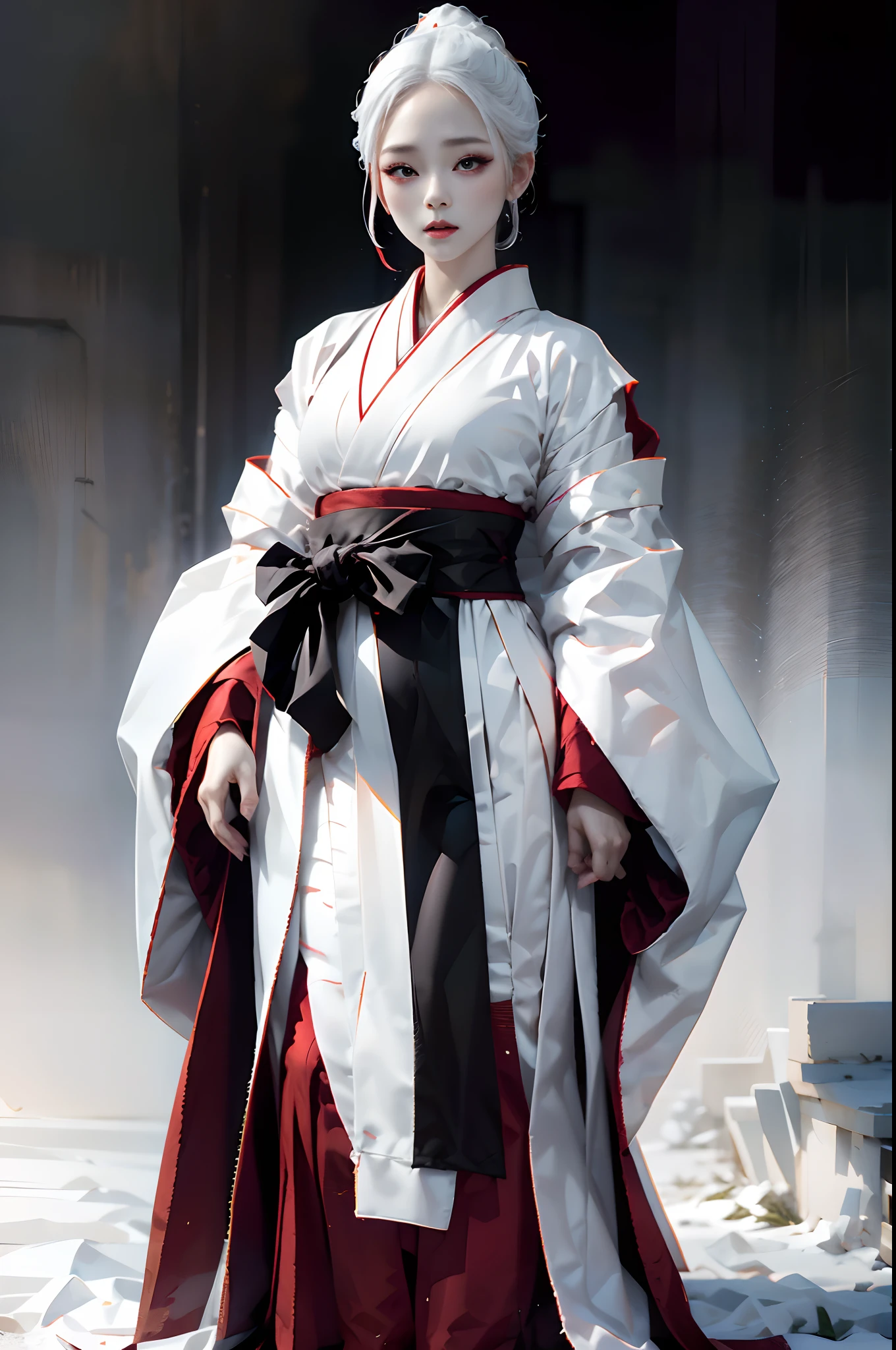 top-quality、​masterpiece、1 girl in、Black background、Black background、Full Body Angle、White and black hakama、Hakama、Standing、black backgrounds、white  hair:1.5、Red Eyes、red-lips、white  clothes、Black and white world、Black and white world、light skinned、Side braid