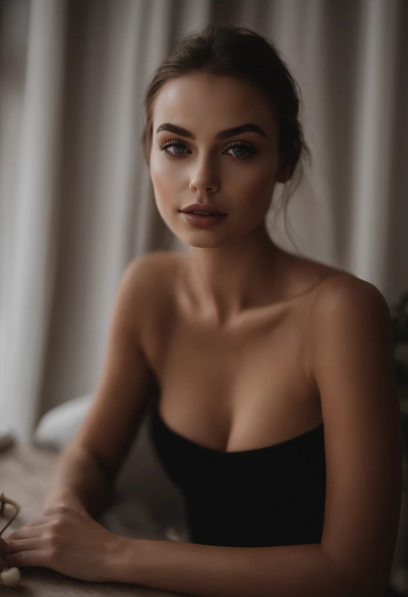 A close up of a woman in a black bra top on a bed - SeaArt AI