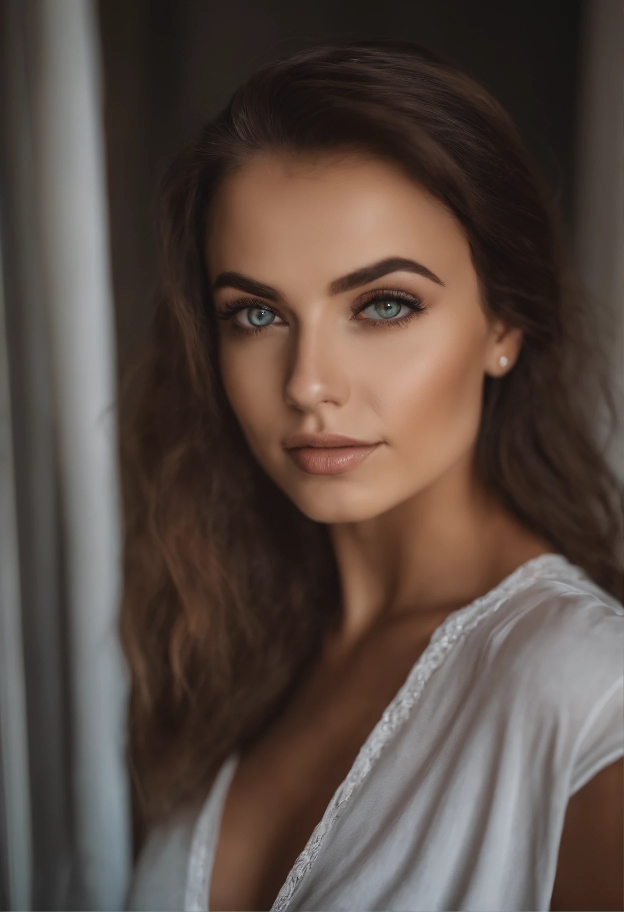 Arafed woman with a white tank top and necklace, fille sexy aux yeux verts, Portrait Sophie Mudd, cheveux bruns et grands yeux, selfie of a young woman, Yeux de chambre, Violet Myers, sans maquillage, maquillage naturel, looking straight at camera, Visage avec Artgram, Maquillage subtil, Superbe photo du corps entier, piercing green eyes, Bel angle, pose attrayante, fille mignonne, sexy pose, Image du corps entier, corps entier, Prise de vue du corps entier, brunette goddess, High detail, pose satisfaite, Pantalon en cuir