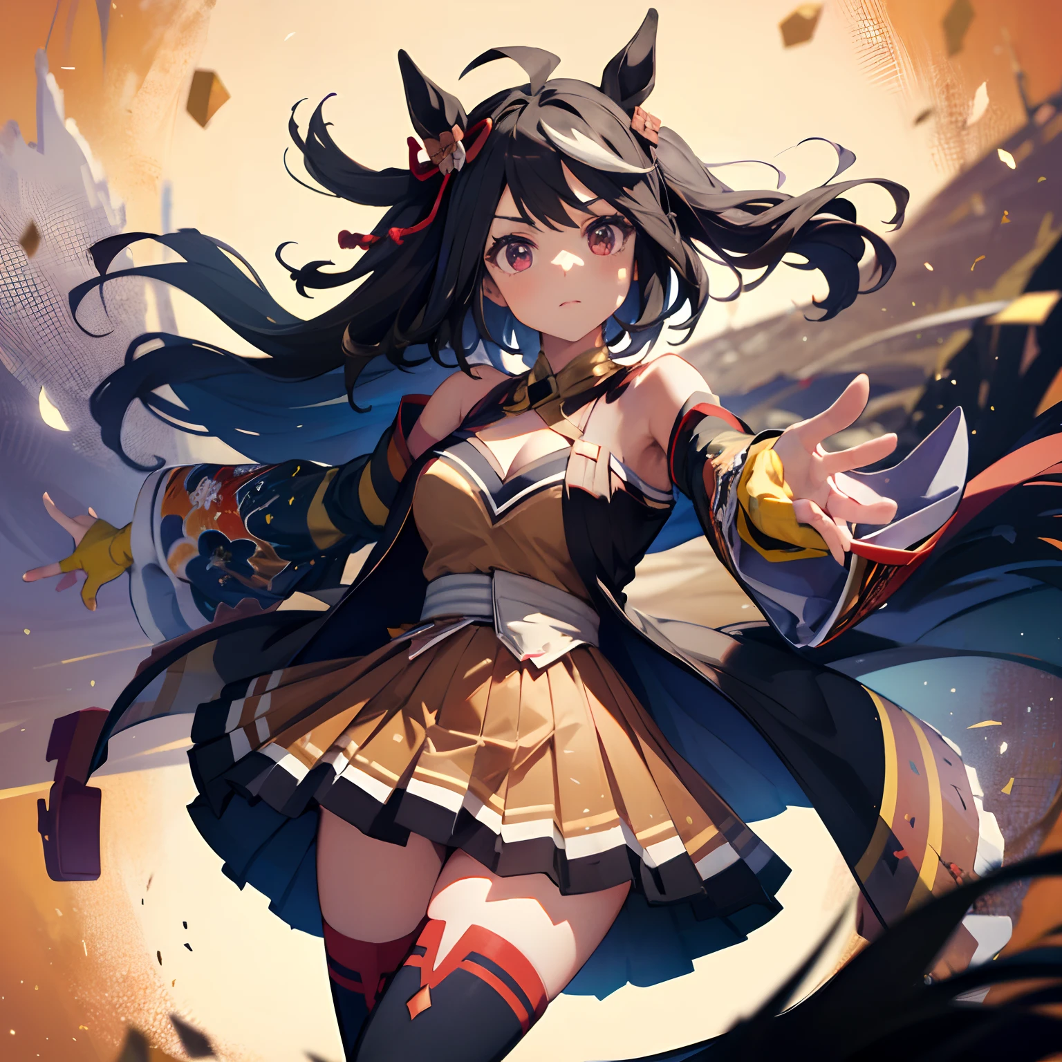 「​masterpiece,top-quality,a closeup,Face Shots,kitasan black_(Umamusume), 1girl in,Animal ears ,Horse ears ,Horse Girl ,Horse tail,masutepiece, Best Quality,Hair Ribbon, Hair Ornament, Fingerless gloves, yellow gloves, Komono, Long sleeves, Wide sleeves, Detached sleeves, Bare shoulders, Clothes Cutout, cleavage cutout, Kohaku ship, Brown skirt, Pleated skirt, zettai ryouiki, black thighhighs, Sandals, red footwear, 」