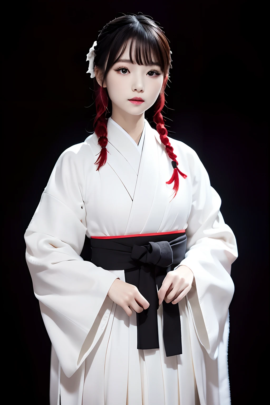 top-quality、​masterpiece、1 girl in、sixteen years old、Black background、Black background、Full Body Angle、White and black hakama、Hakama、Standing、black backgrounds、white  hair:1.5、Red Eyes、red-lips、white  clothes、Black and white world、Black and white world、light skinned、Side braid