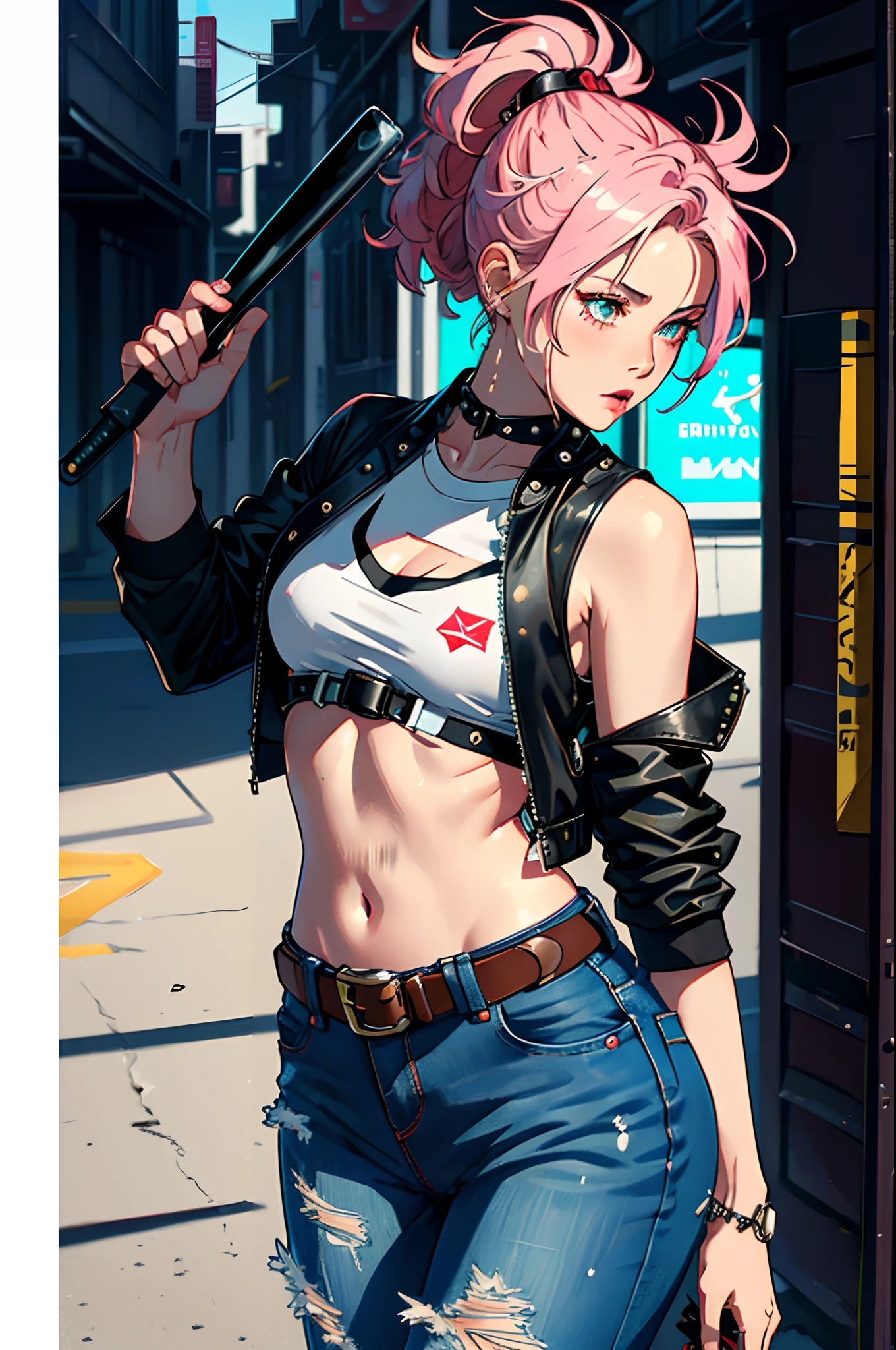 Anime girl with pink hair holding a baseball bat on a city street - SeaArt  AI