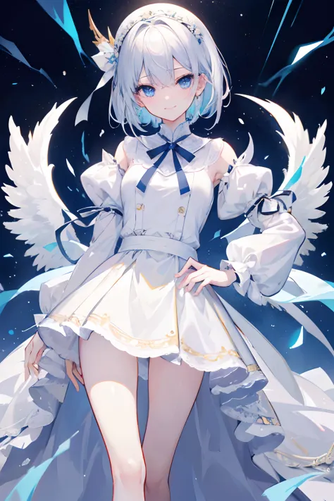 2D、​masterpiece、top-quality、extremely detailed eye、extra detailed face、legs protruding from the frame,,、女の子 1 人、独奏、is standing、white  shirt、angelicales、short-hair、white ribbons、Hair Ribbon、light blue  eyes、A smile、Straight