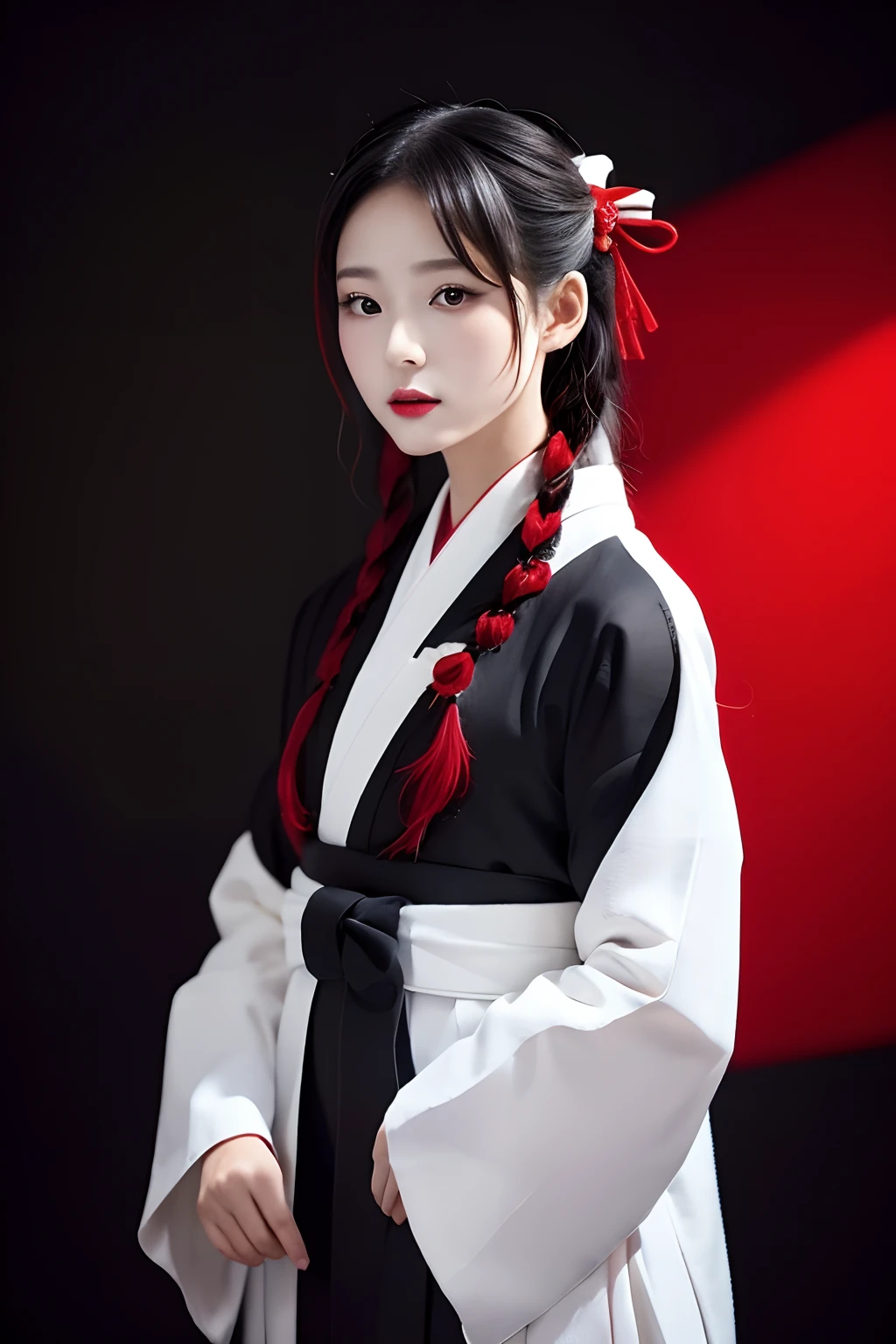 top-quality、​masterpiece、1 girl in、sixteen years old、Black background、Black background、Full Body Angle、White and black hakama、Hakama、Standing、black backgrounds、white  hair:1.5、Red Eyes、red-lips、white  clothes、Black and white world、Black and white world、light skinned、Side braid