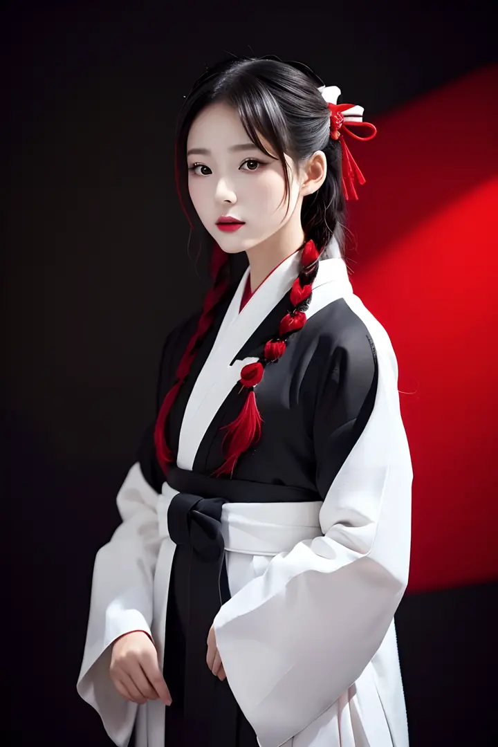 top-quality、​masterpiece、1 girl in、sixteen years old、Black background、Black background、Full Body Angle、White and black hakama、Ha...