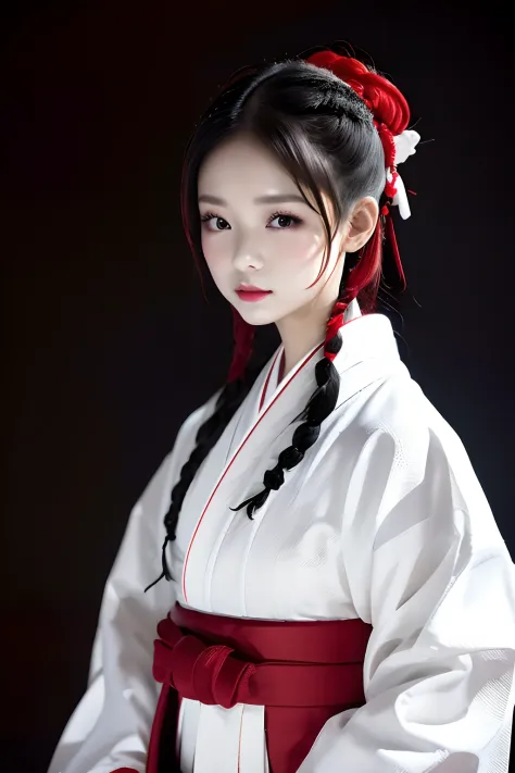 top-quality、​masterpiece、1 girl in、sixteen years old、Black background、Black background、Full Body Angle、White and black hakama、Hakama、Standing、black backgrounds、white  hair:1.5、Red Eyes、red-lips、white  clothes、Black and white world、Black and white world、lig...