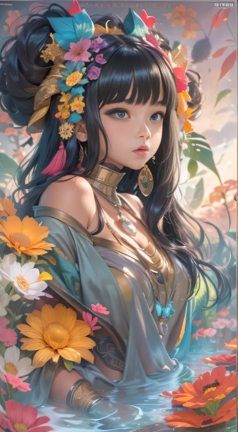 (Girl with bright black hair)(Best quality, A high resolution, Vivid colors, (Cartoon Goddess), (comic strip))Forged hammer pattern，Wear silver bikini fringed shorts and a tassel necklace
，oguchi，sedate，massiness，Shiny and warm，Flowing silk cape，Linen wais...