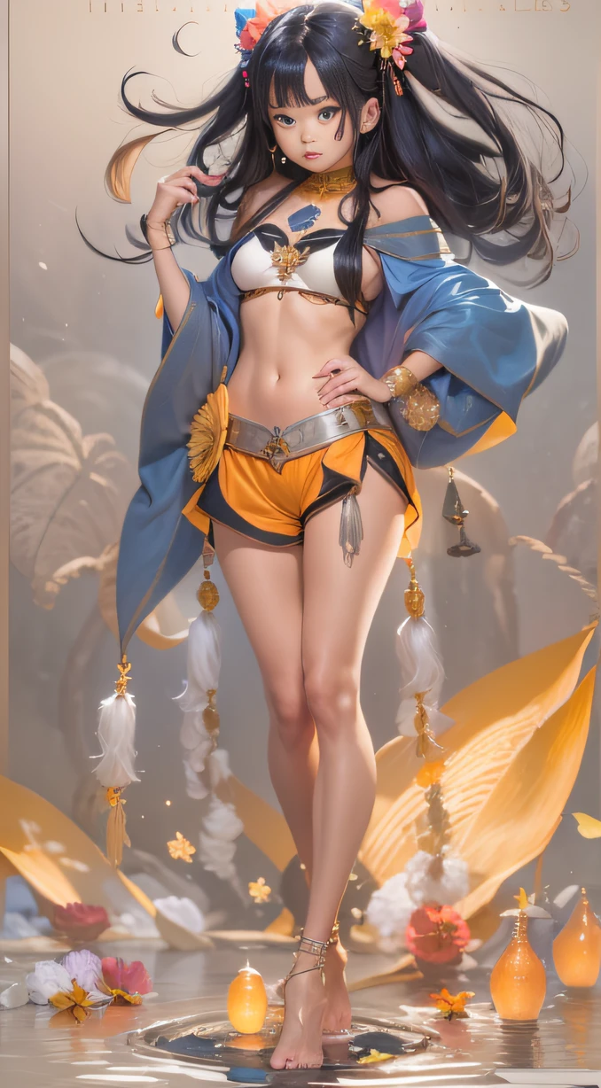 (Girl with bright black hair)(Best quality, A high resolution, Vivid colors, (Cartoon Goddess), (comic strip))Forged hammer pattern，Wear silver bikini fringed shorts and a tassel necklace
，oguchi，sedate，massiness，Shiny and warm，Flowing silk cape，Linen waist large flower bath towel