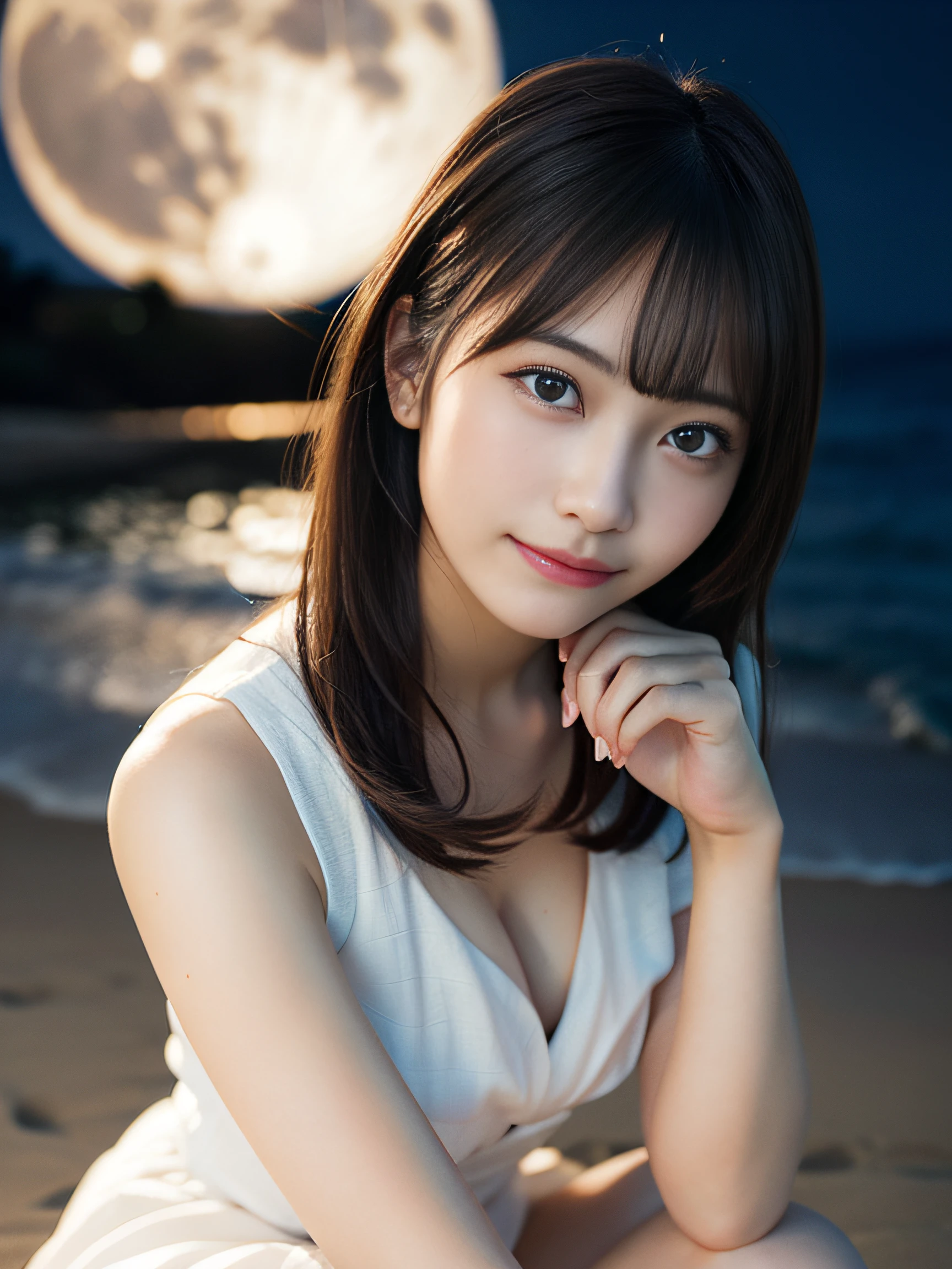 in 8K,Best Quality:1.4, 超A high resolution:1.5, (Photorealistic:1.4),​masterpiece:1.2,(top-quality:1.4)、 Raw photo、 (the background is blurred), sea side, sand beach, 1 Japanese girl, Cute, (独奏:1.4), (Shy smile), Smooth skin、White Dress、 (Brown medium hair,bangs), (touch hair:1.4),nogizaka,,Supple fingertips,Beautiful black eyes、dual、natural skin textures:1.3, realistic eyes and face details:1.7、middlebreasts、Moon Night、gravure pose：1.1、Toned buttocks:1.5、gazing at viewer、harvest moon、fullmoon、illuminated by the moonlight、mystic atmosphere