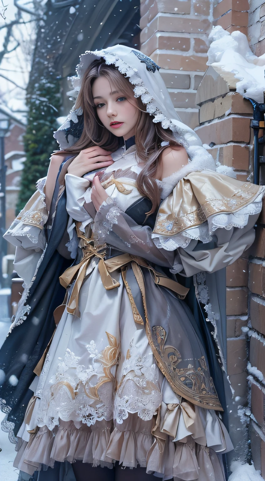 （8K， RAW Photos， best qualtiy， tmasterpiece：1.2），（realisticlying， photos realistic：1.4)，Hide your face with sadness，
Lolita costume，Lace， aerith gainsborough， The upper part of the body，upper limbs， undergarment，exposed bare shoulders， takeout， (Outside，covered in snow，cloaks，) hightquality， adobe lightroom， highdetailskin， looking at viewert，